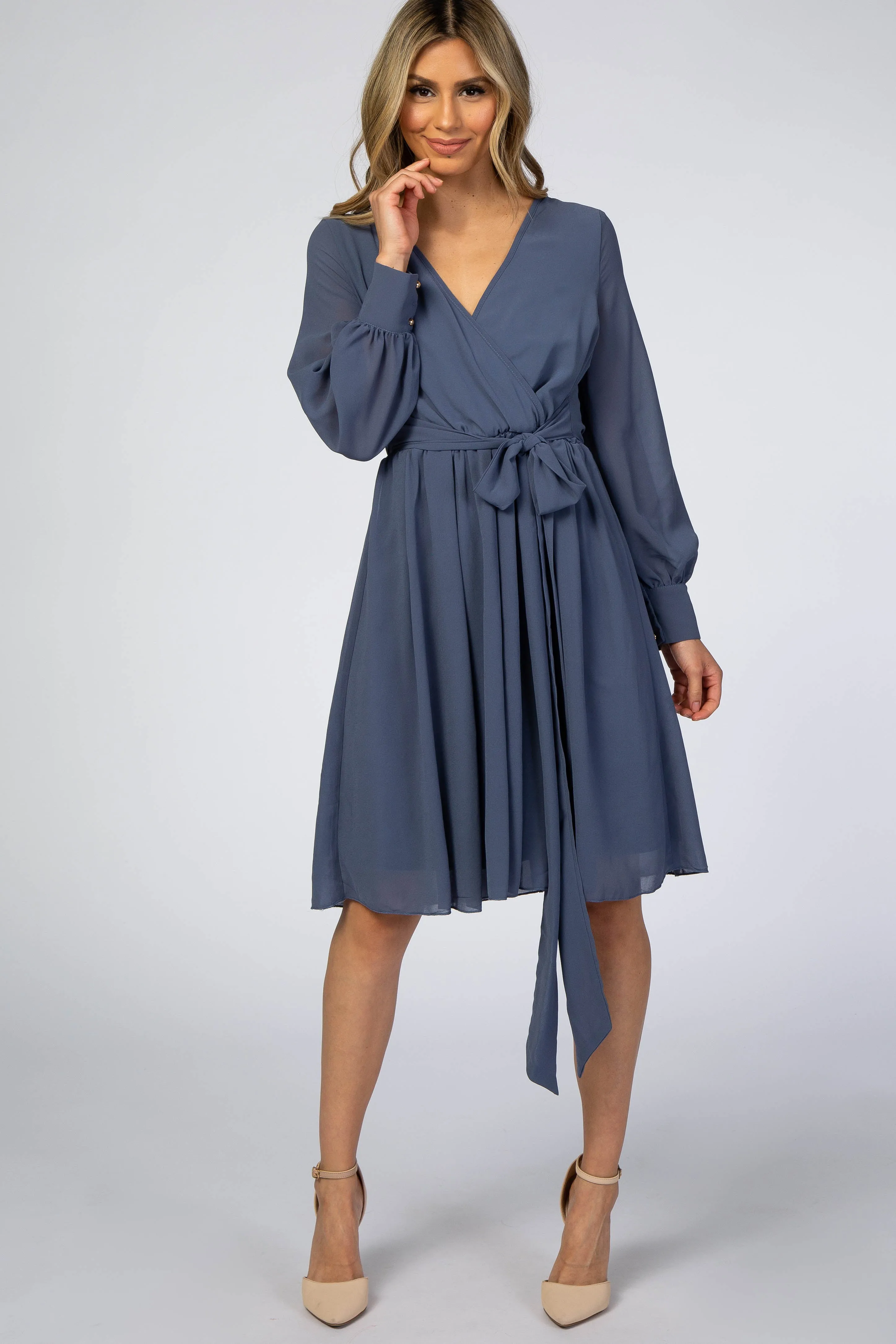 Dusty Blue Chiffon Maternity Wrap Dress sold by Pinkblush product image thumbnail 5