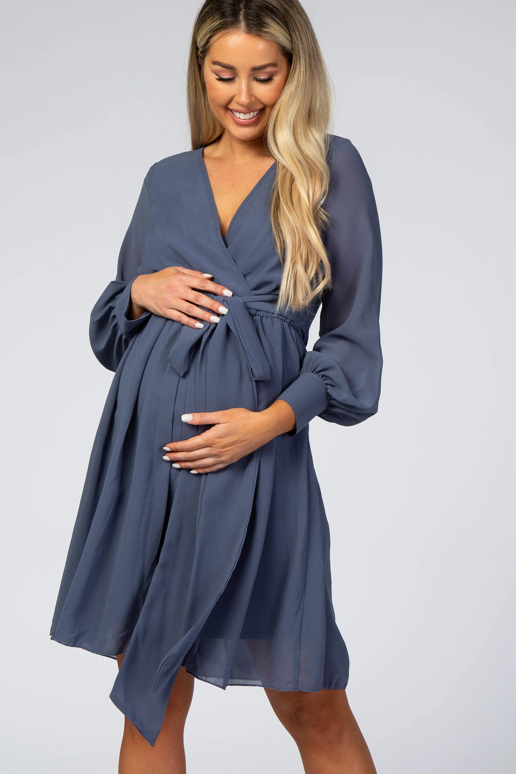 Dusty Blue Chiffon Maternity Wrap Dress sold by Pinkblush product image thumbnail 2