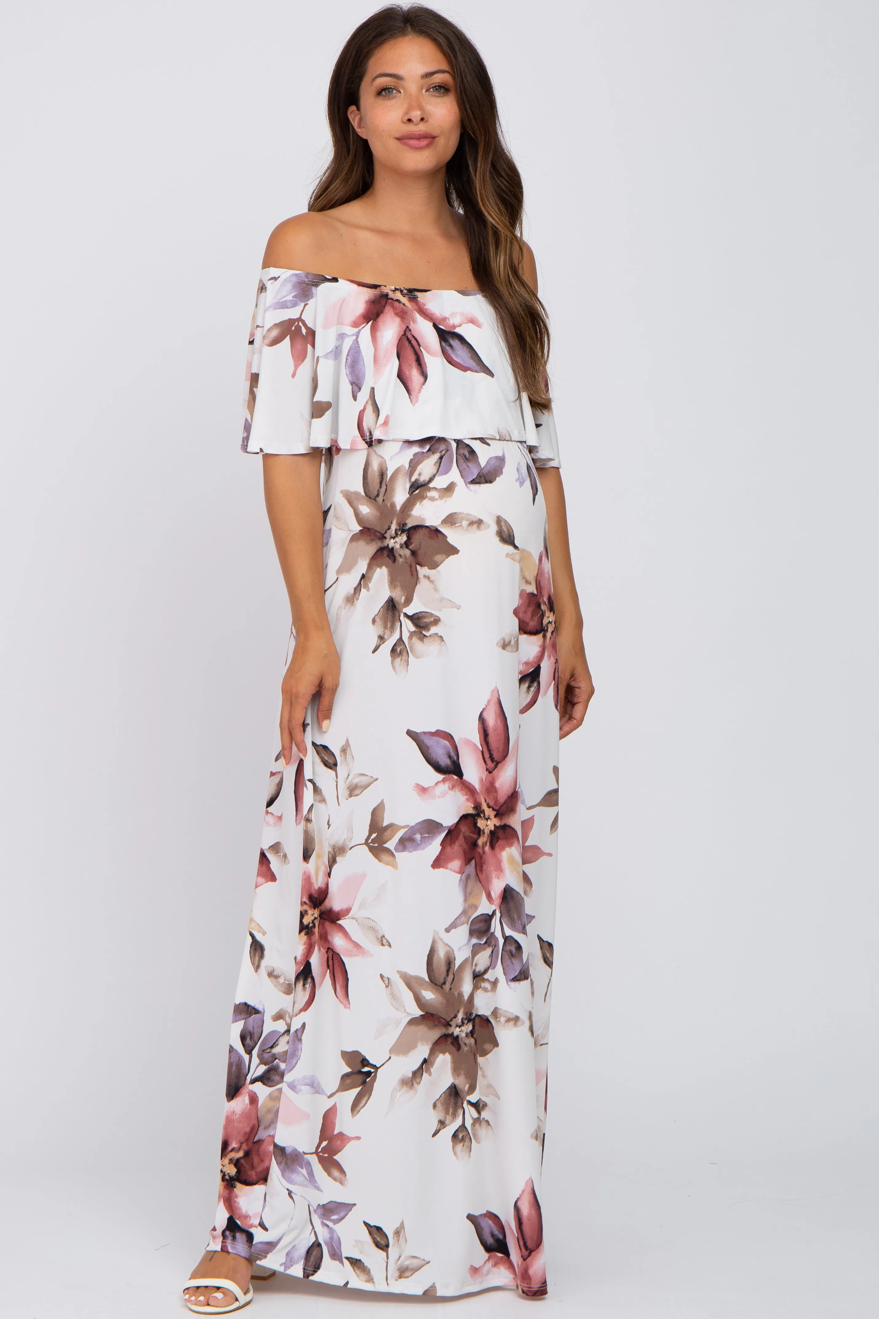 Ivory Floral Off Shoulder Maternity Maxi Dress sold by Pinkblush