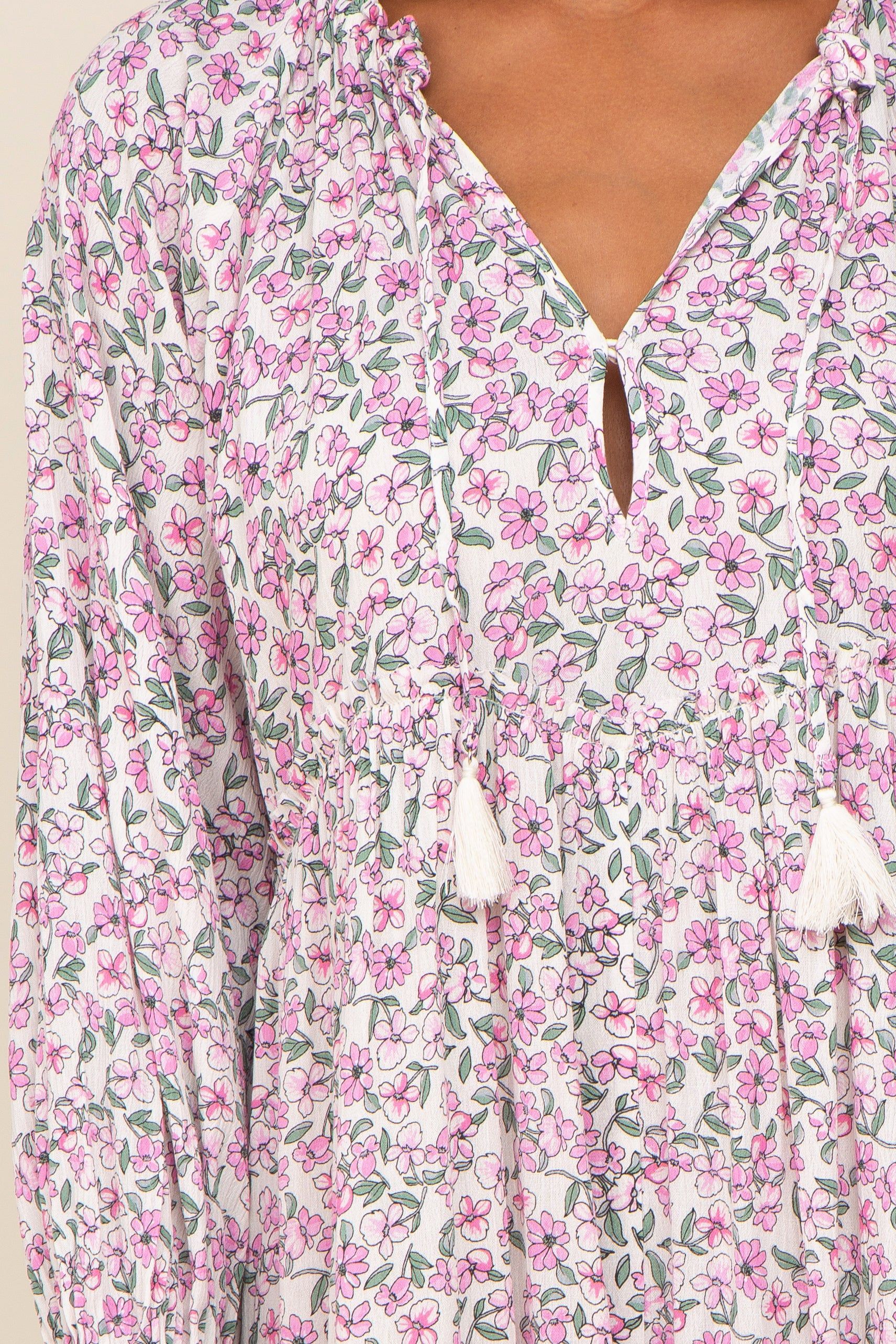 Pink Floral Front Tie Long Sleeve Tiered Midi Dress sold by Pinkblush product image thumbnail 4
