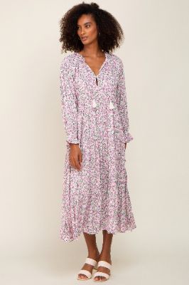 Pink Floral Front Tie Long Sleeve Tiered Midi Dress sold by Pinkblush