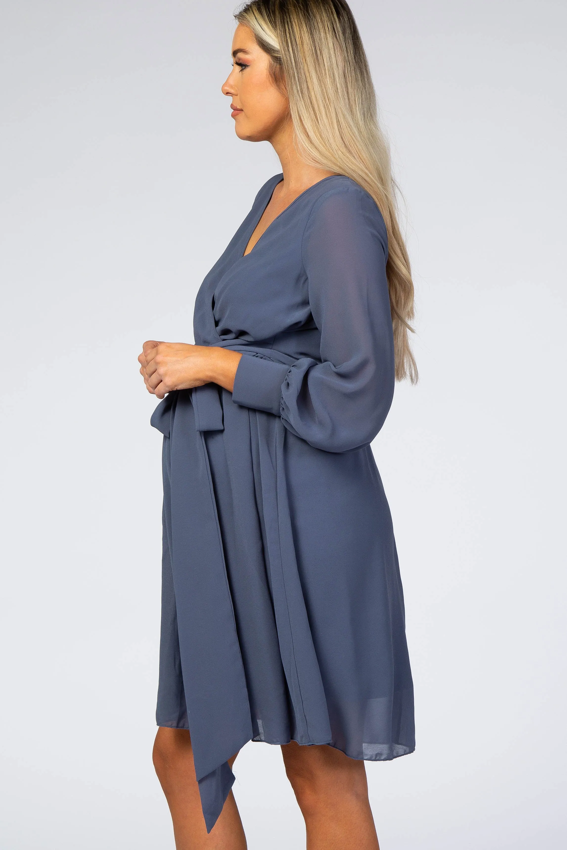 Dusty Blue Chiffon Maternity Wrap Dress sold by Pinkblush product image thumbnail 3