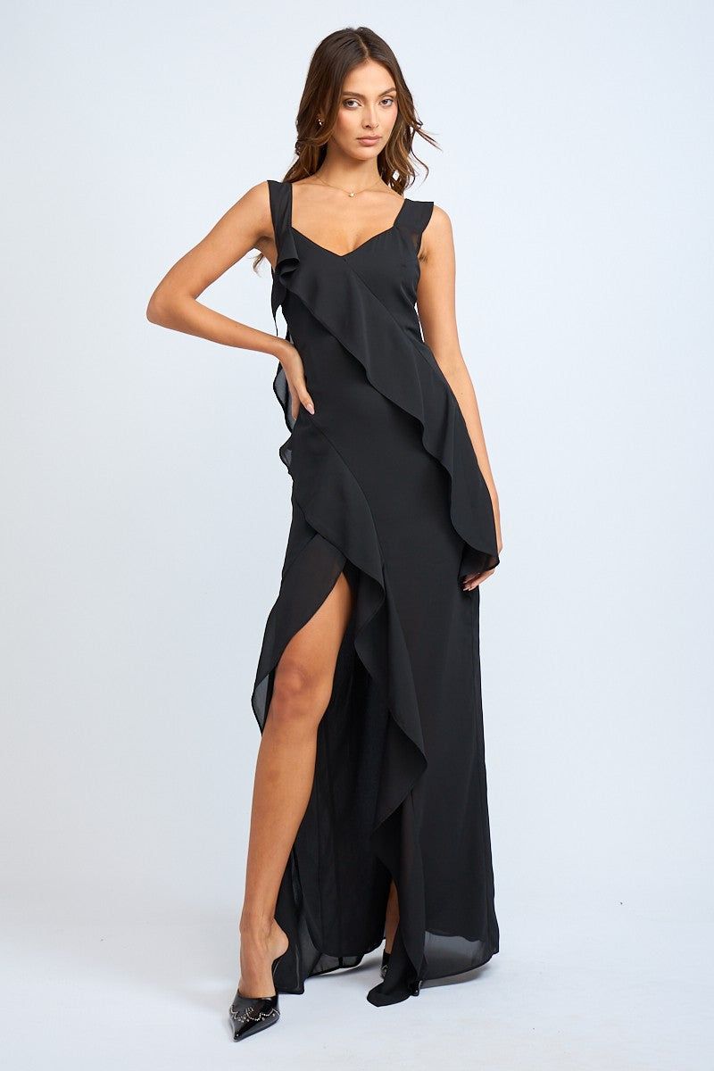 Black Ruffle Slit Maxi Dress sold by Pinkblush