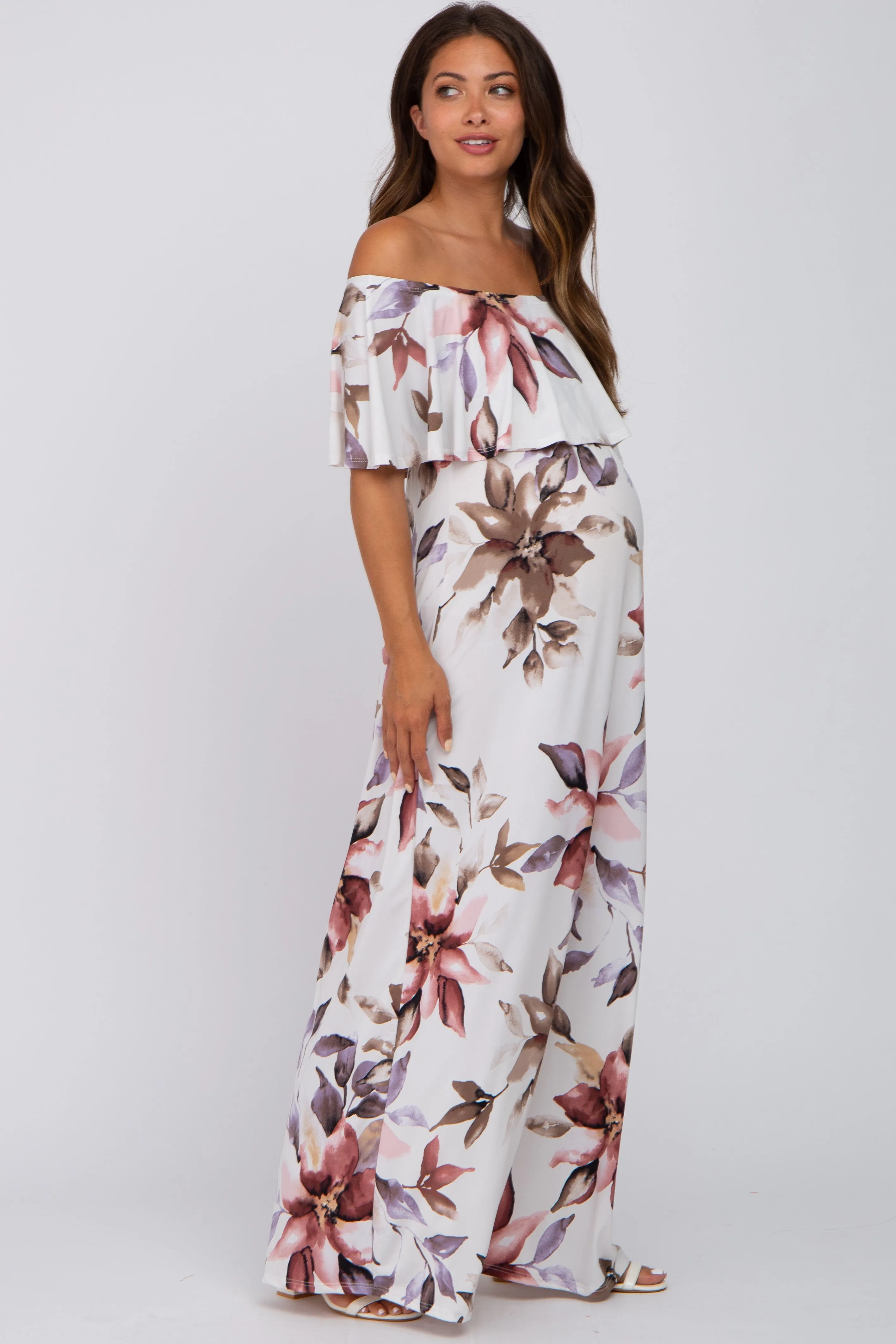 Ivory Floral Off Shoulder Maternity Maxi Dress sold by Pinkblush product image thumbnail 2