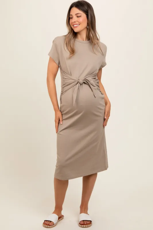Mocha Tie Front Round Neck Knit Maternity Midi Dress sold by Pinkblush