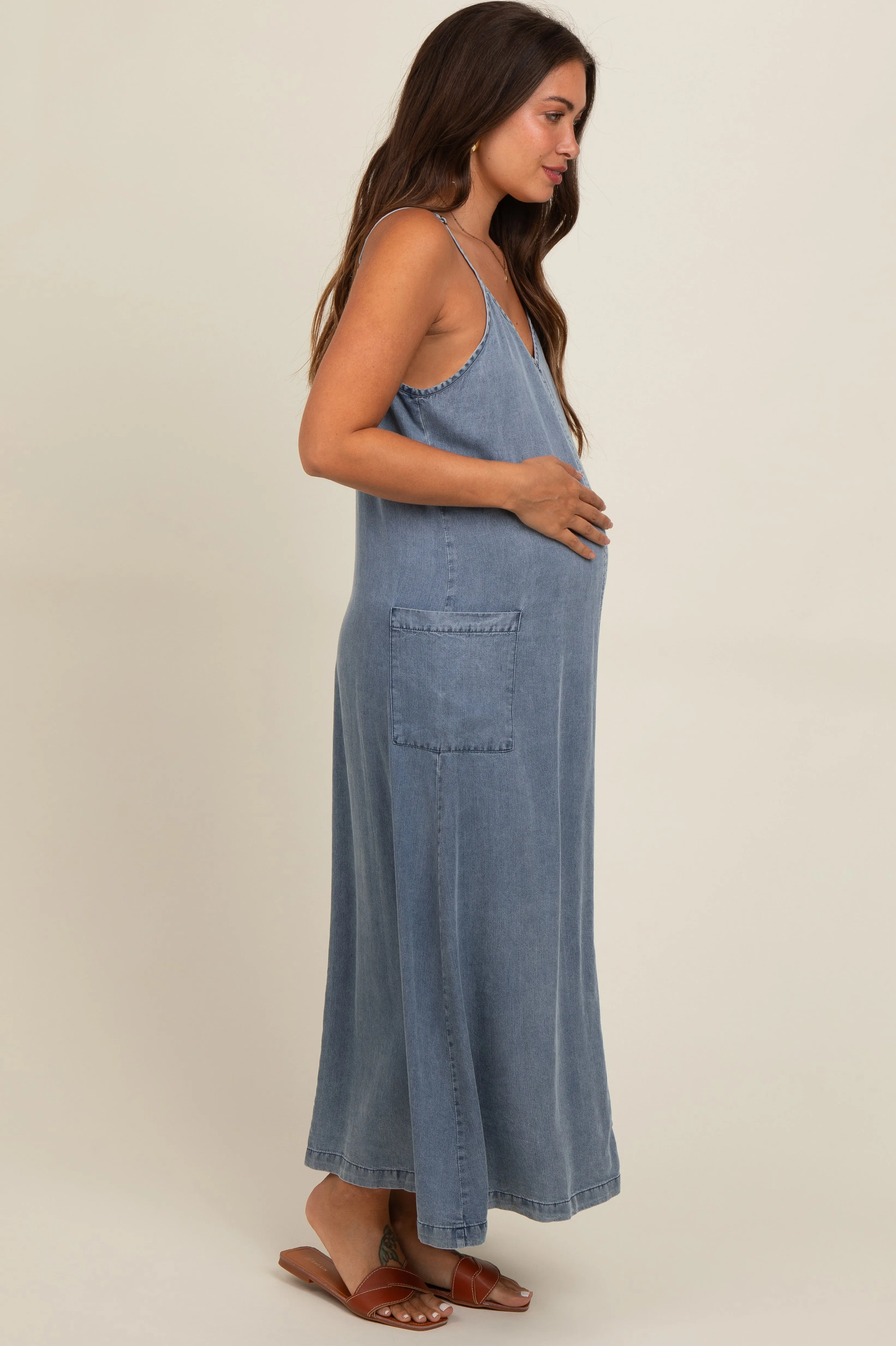 Blue Chambray Pocketed Maternity Maxi Dress sold by Pinkblush product image thumbnail 2