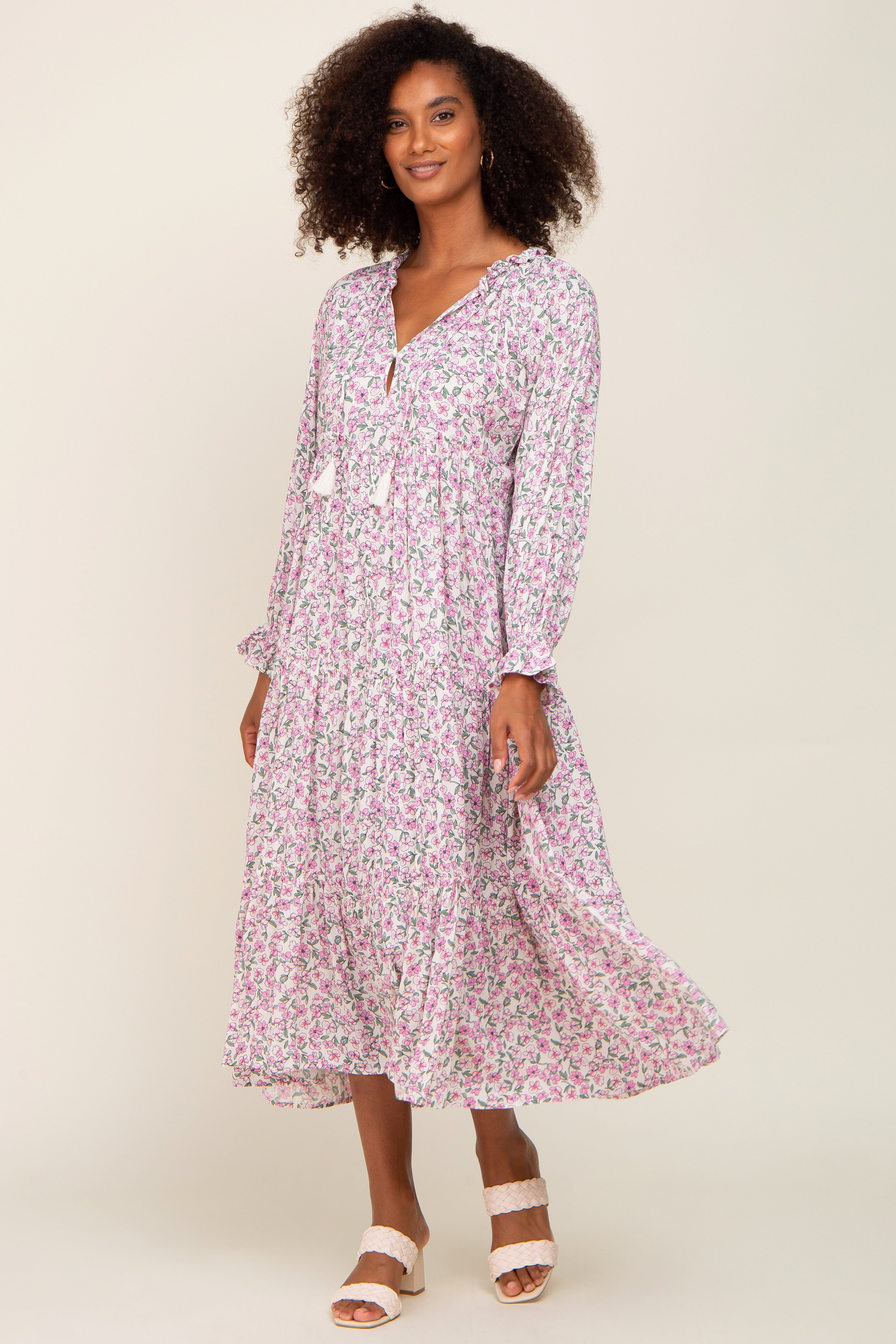 Pink Floral Front Tie Long Sleeve Tiered Midi Dress sold by Pinkblush product image thumbnail 5