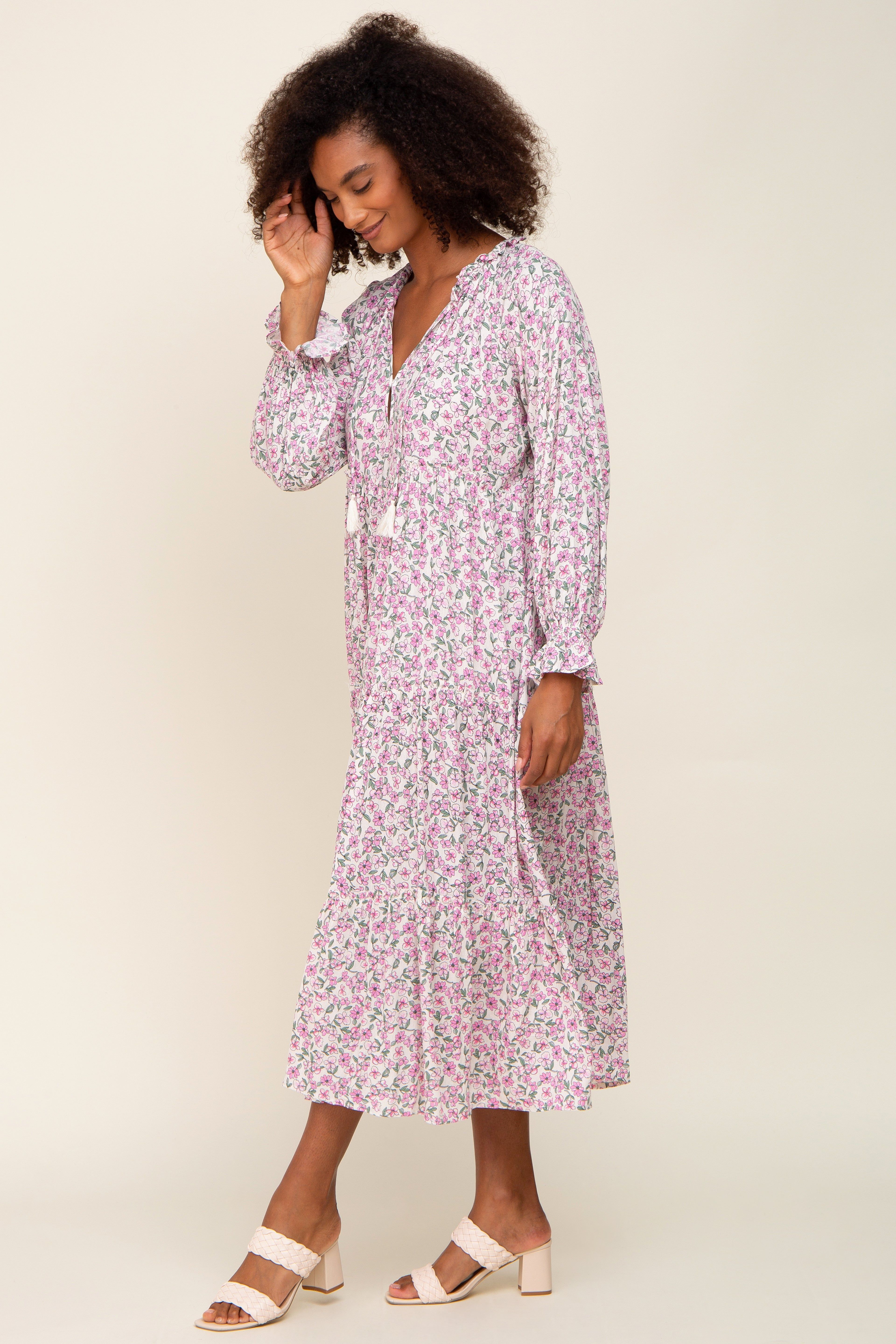 Pink Floral Front Tie Long Sleeve Tiered Midi Dress sold by Pinkblush product image thumbnail 2
