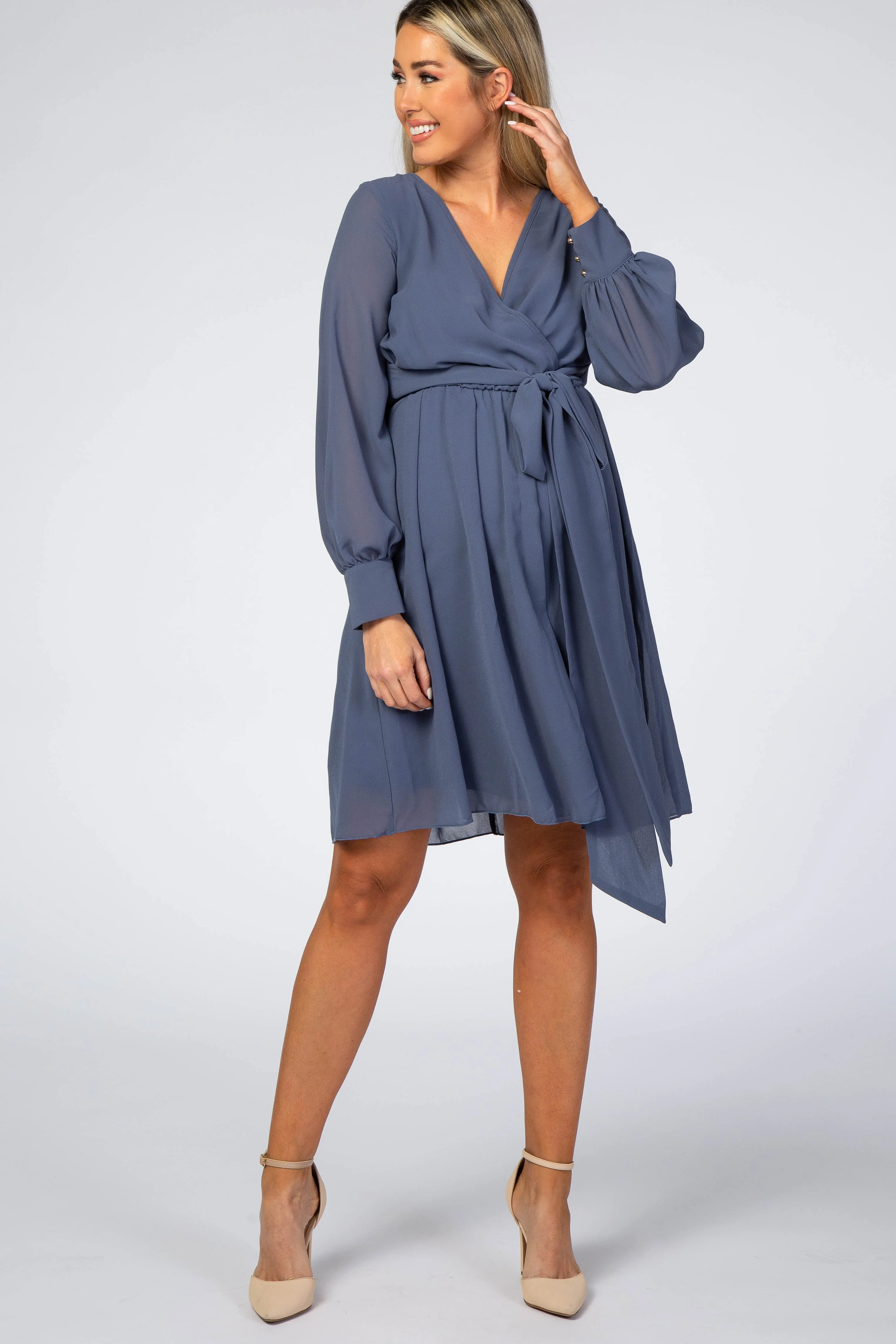 Dusty Blue Chiffon Maternity Wrap Dress sold by Pinkblush