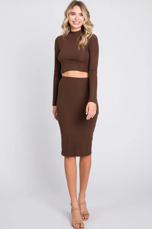 Brown Mock Neck Top Skirt Set sold by Pinkblush