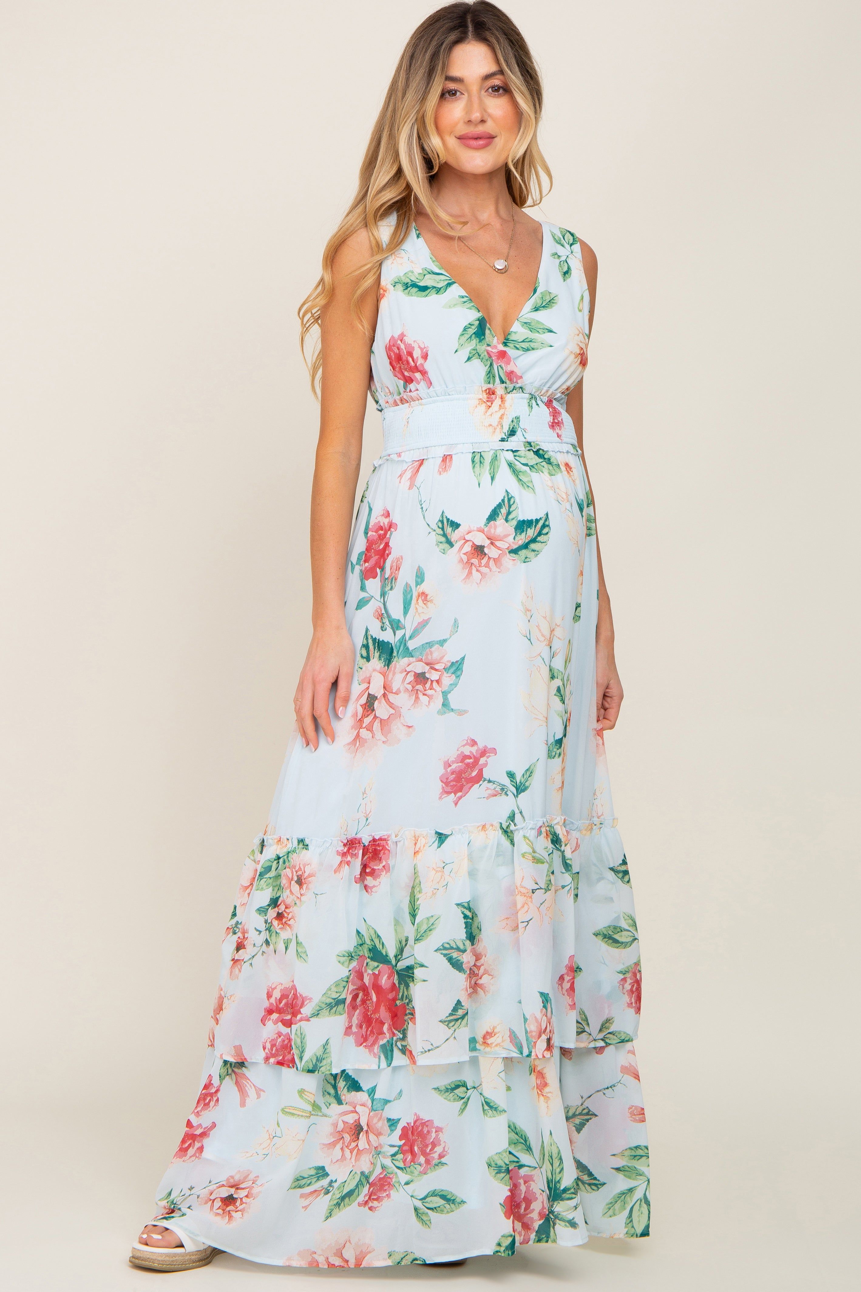 Light Blue Floral Maternity Maxi Dress sold by Pinkblush