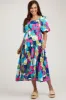 Royal Floral Tiered Puff Sleeve Maternity Midi Dress sold by Pinkblush