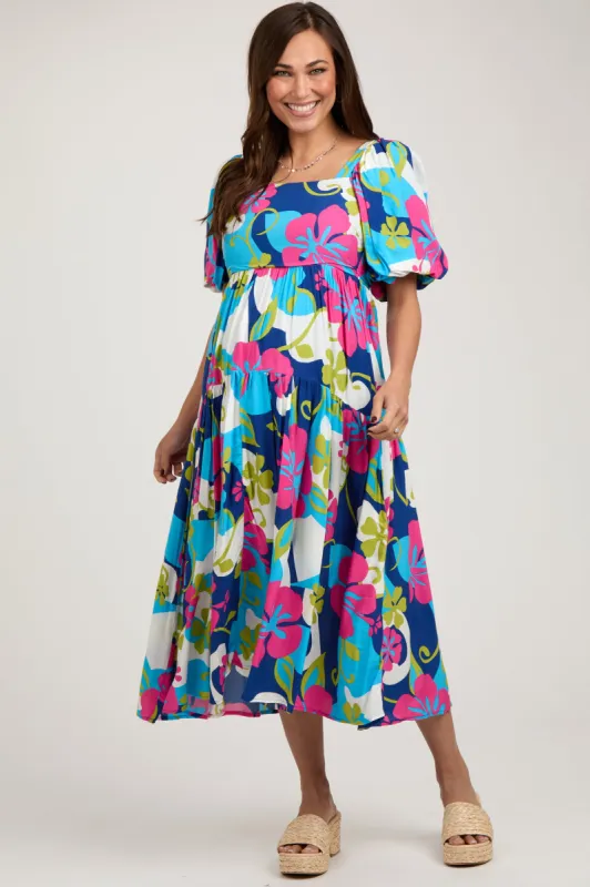 Royal Floral Tiered Puff Sleeve Maternity Midi Dress sold by Pinkblush