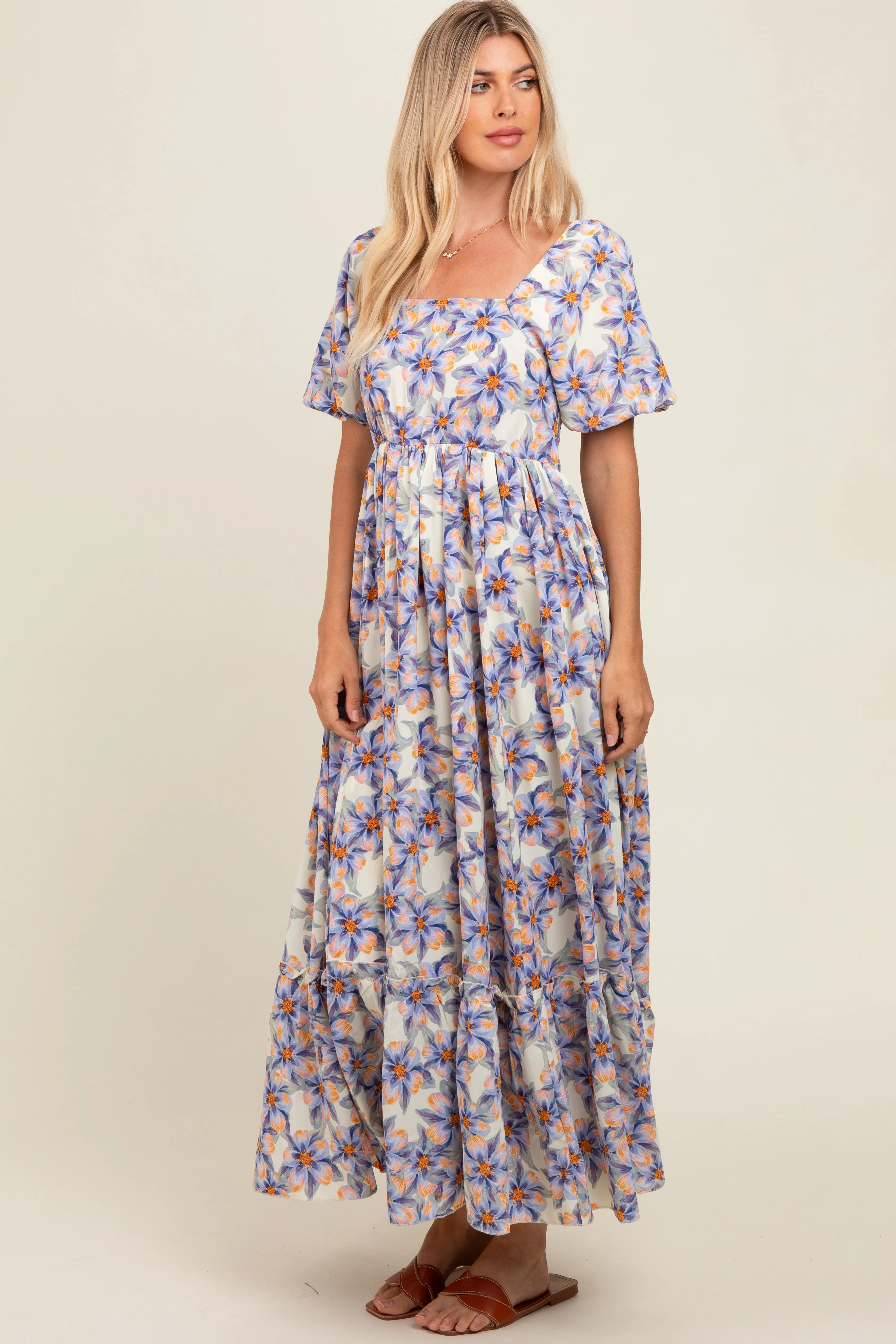 Blue Floral Ruffle Accent Maxi Dress sold by Pinkblush product image thumbnail 3
