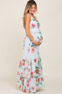 Light Blue Floral Maternity Maxi Dress sold by Pinkblush