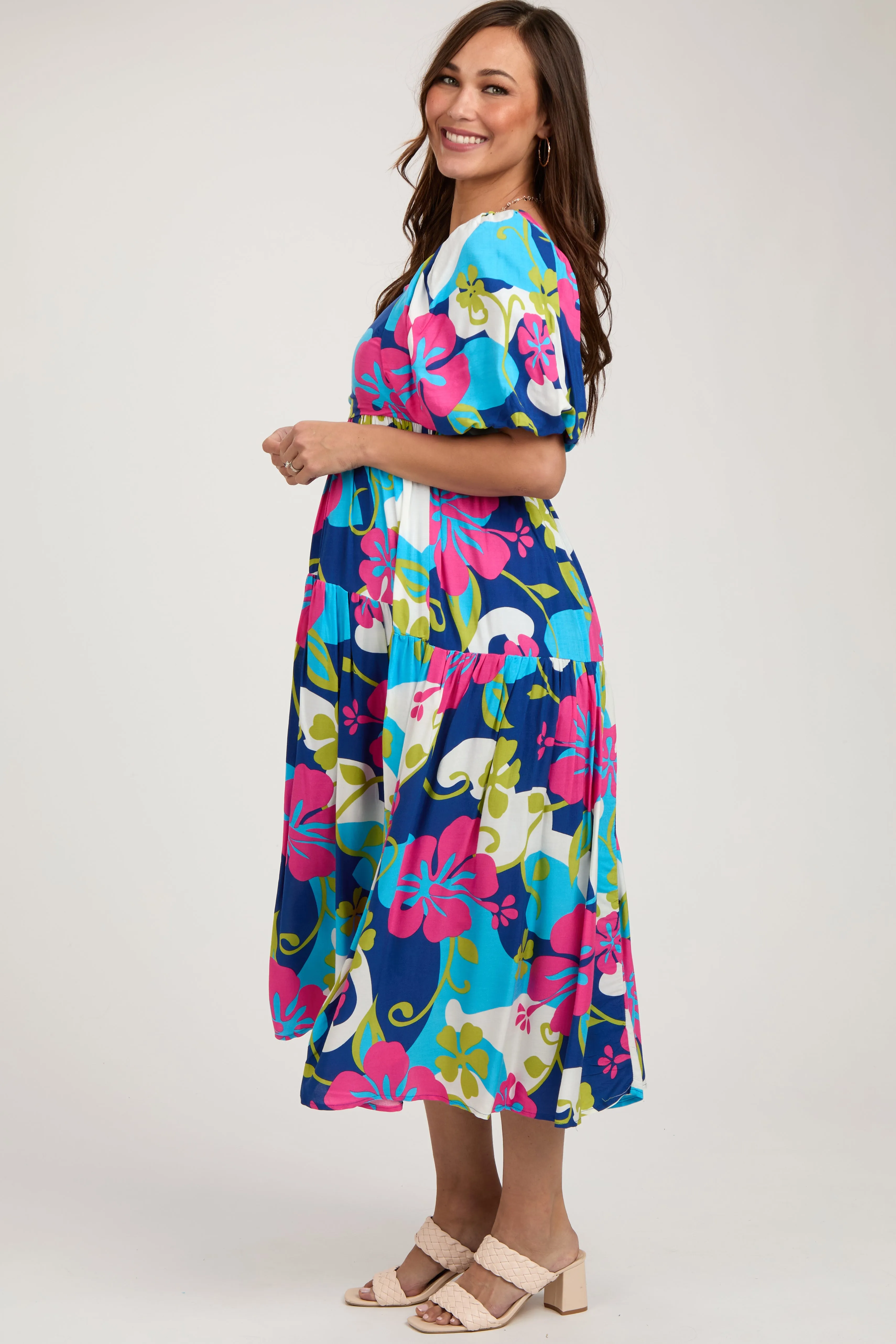 Royal Floral Tiered Puff Sleeve Maternity Midi Dress sold by Pinkblush product image thumbnail 2