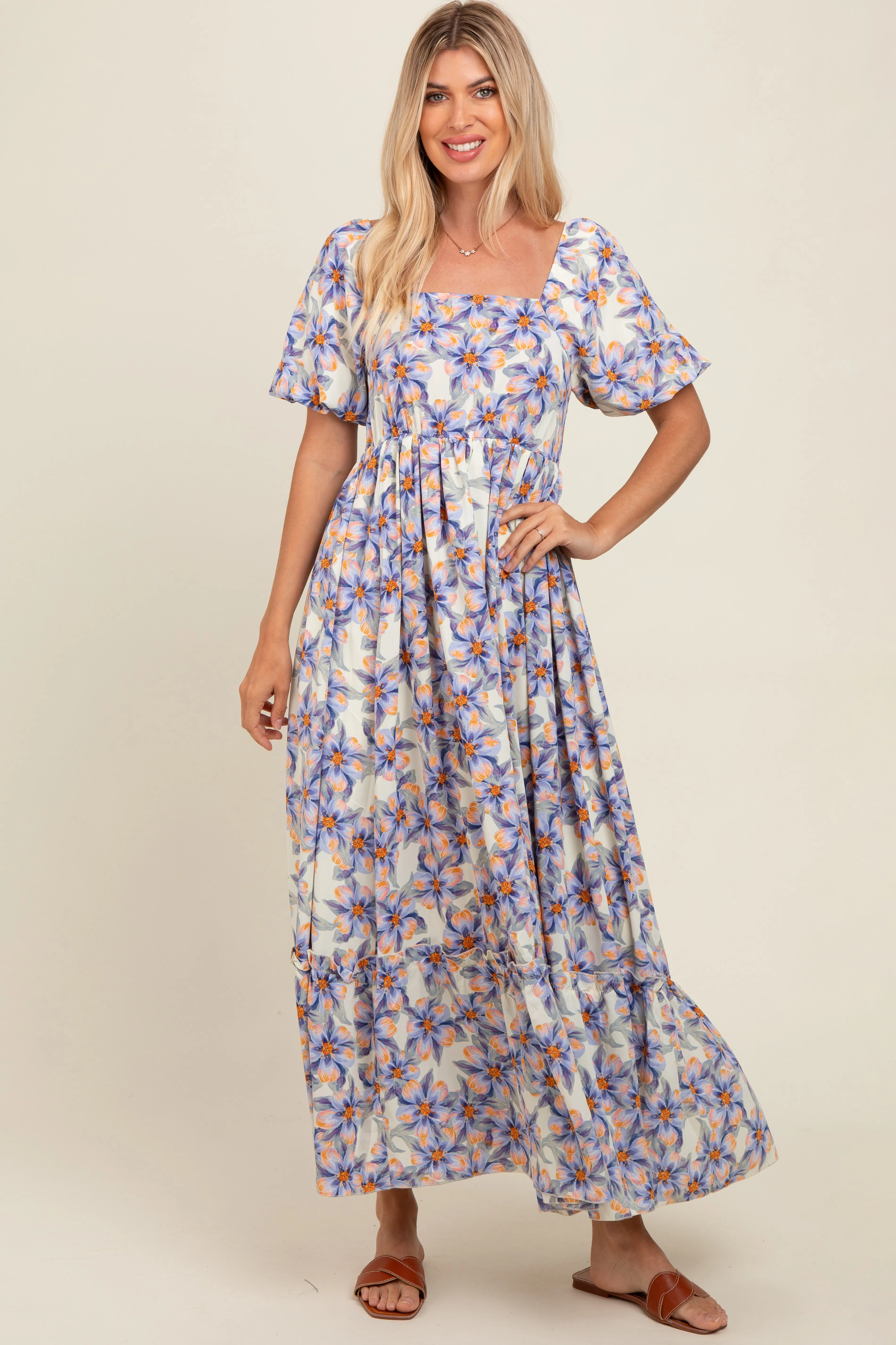 Blue Floral Ruffle Accent Maxi Dress sold by Pinkblush