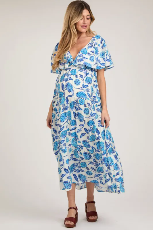 Blue Floral Deep V-Neck Ruffle Maternity Midi Dress sold by Pinkblush