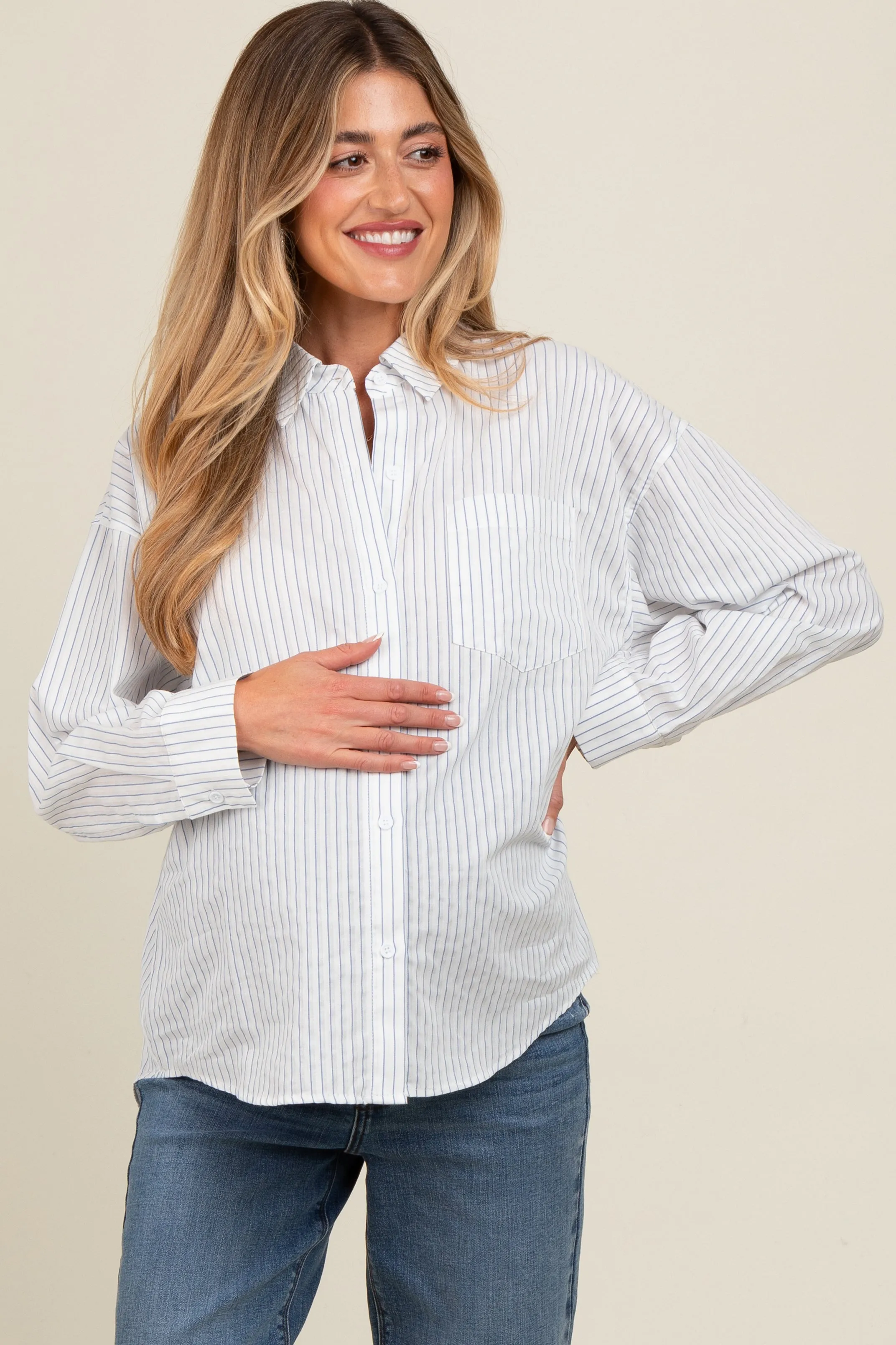 White Striped Maternity Button Down Top sold by Pinkblush product image thumbnail 3