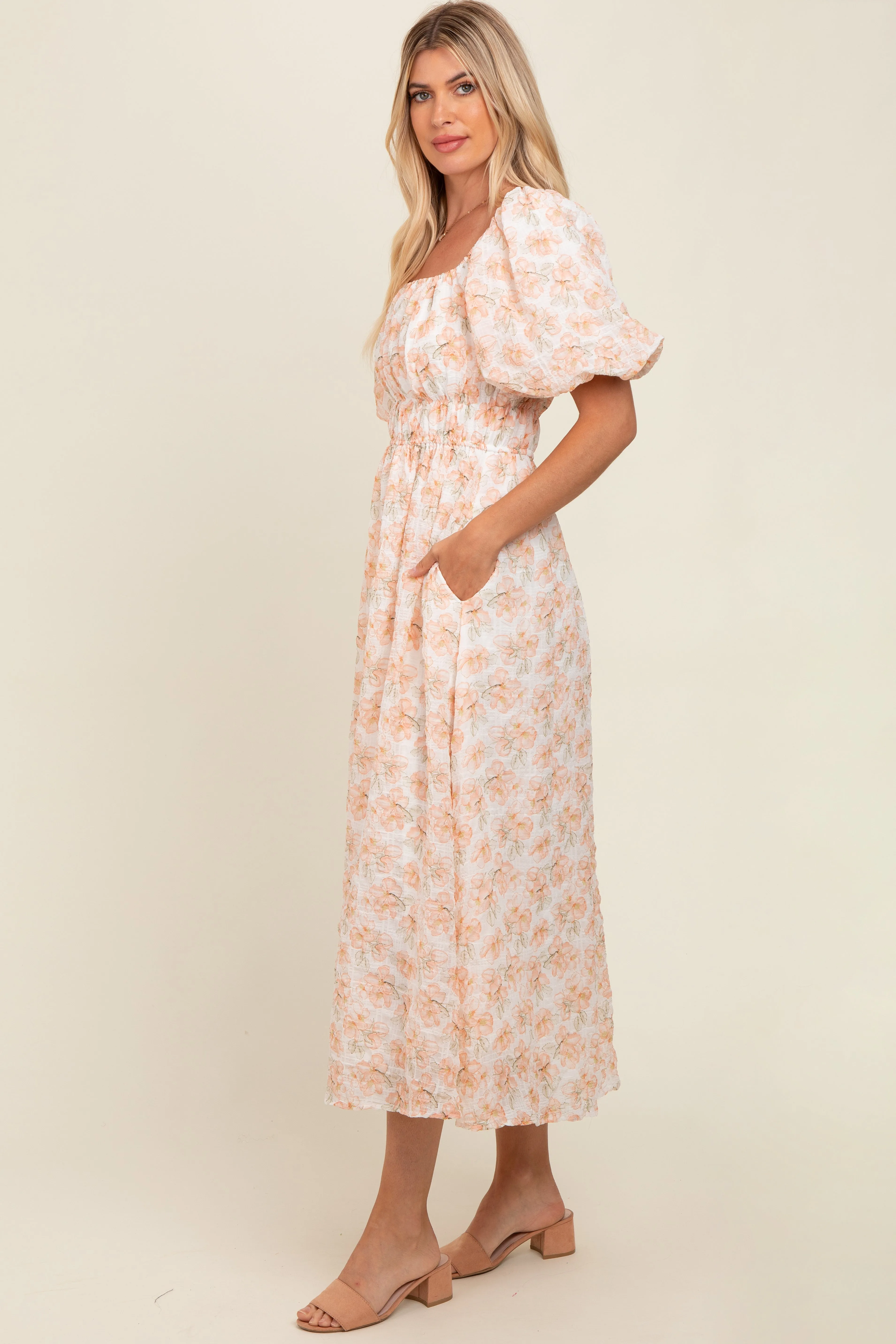 Peach Floral Puff Sleeve Midi Dress sold by Pinkblush product image thumbnail 2