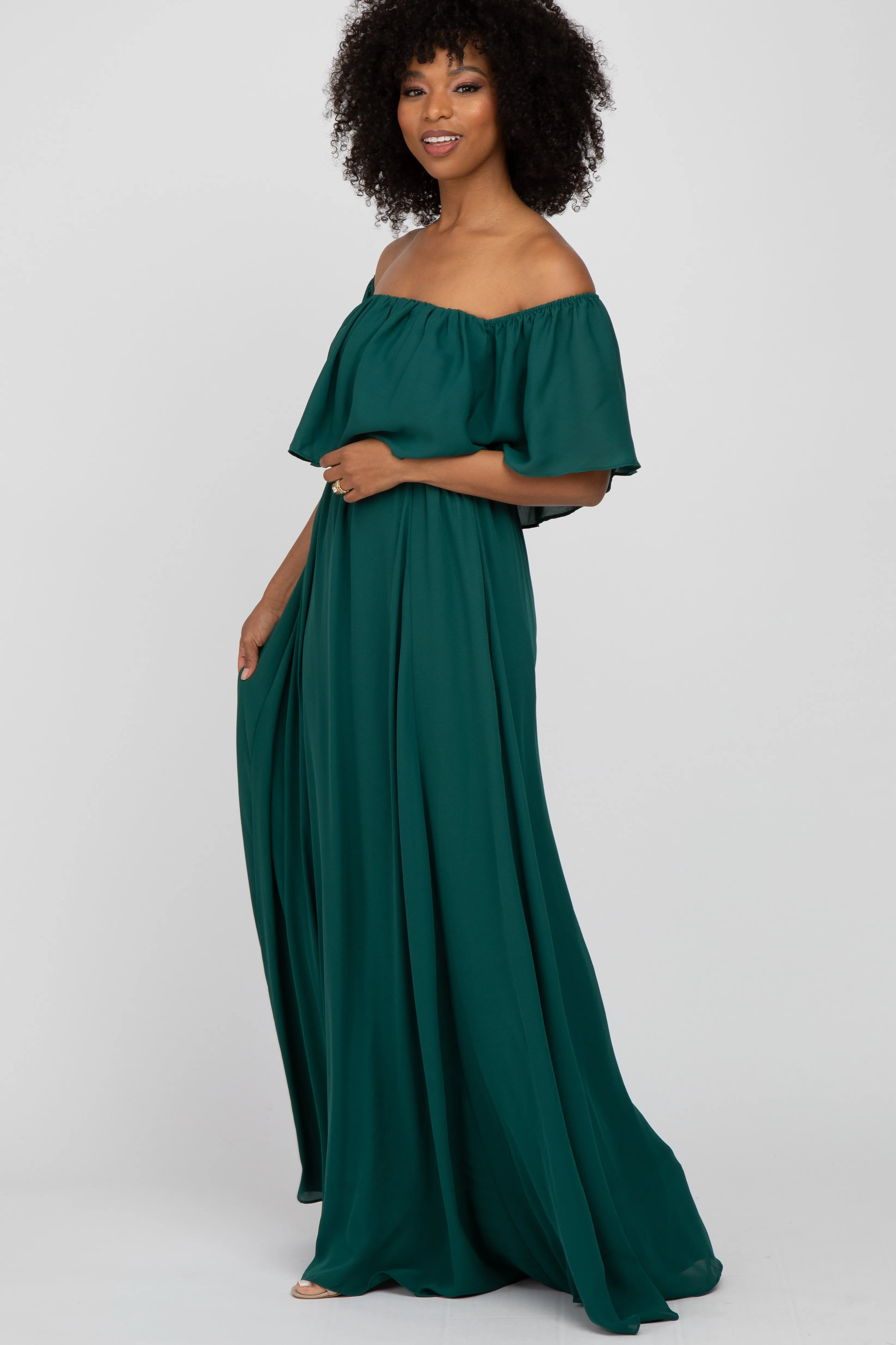 Forest Green Chiffon Off Shoulder Gown sold by Pinkblush product image thumbnail 2