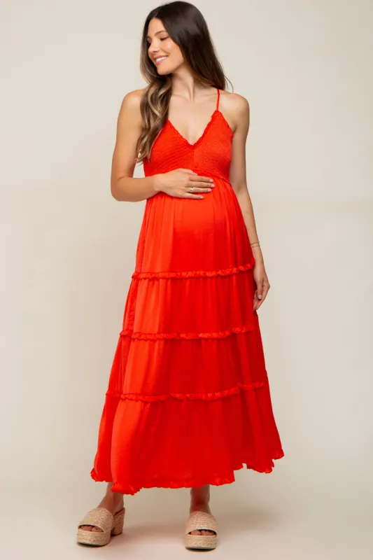 Red Orange Smocked Ruffle Tiered Maternity Maxi Dress sold by Pinkblush