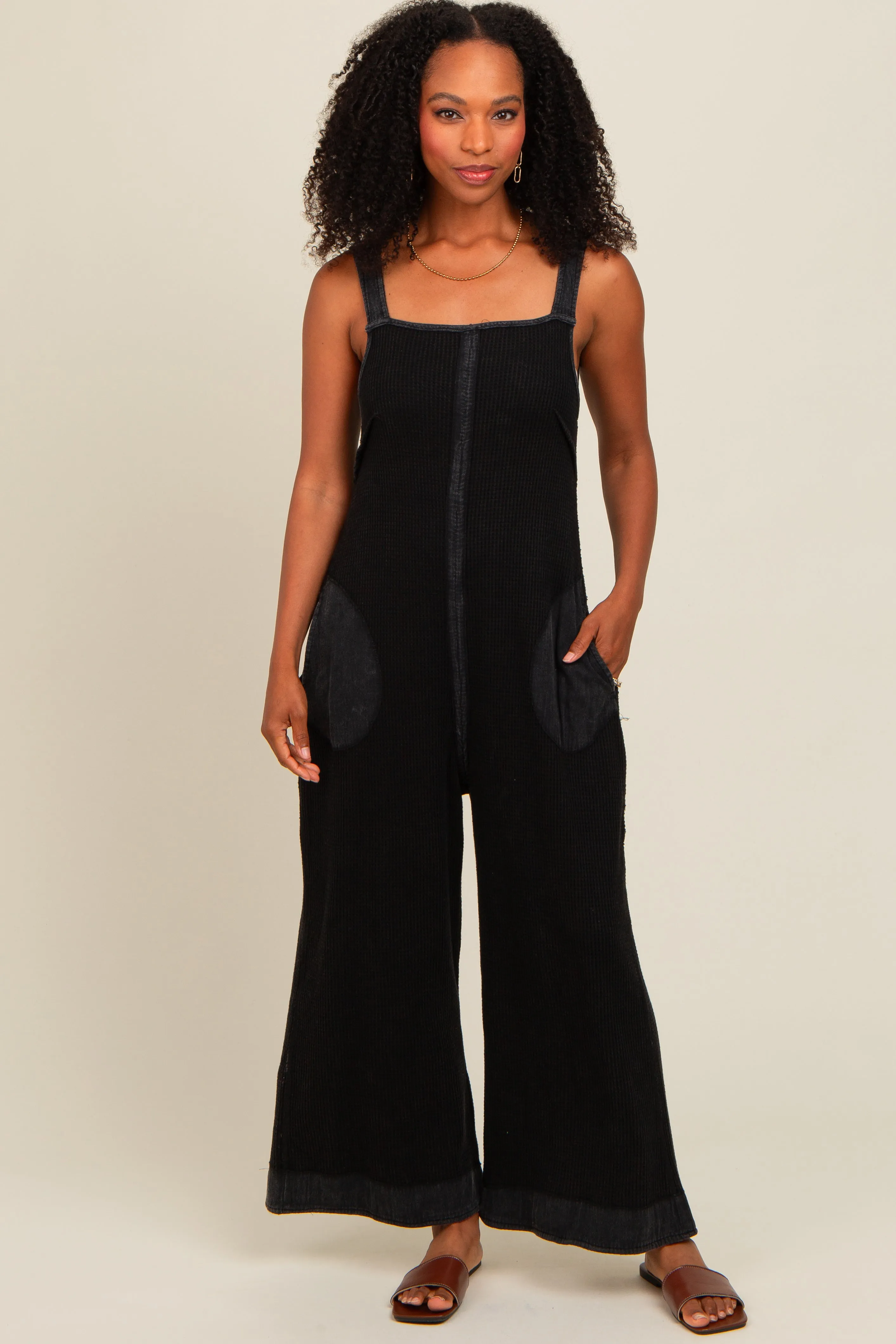 Charcoal Waffle Knit Wide Leg Jumpsuit sold by Pinkblush