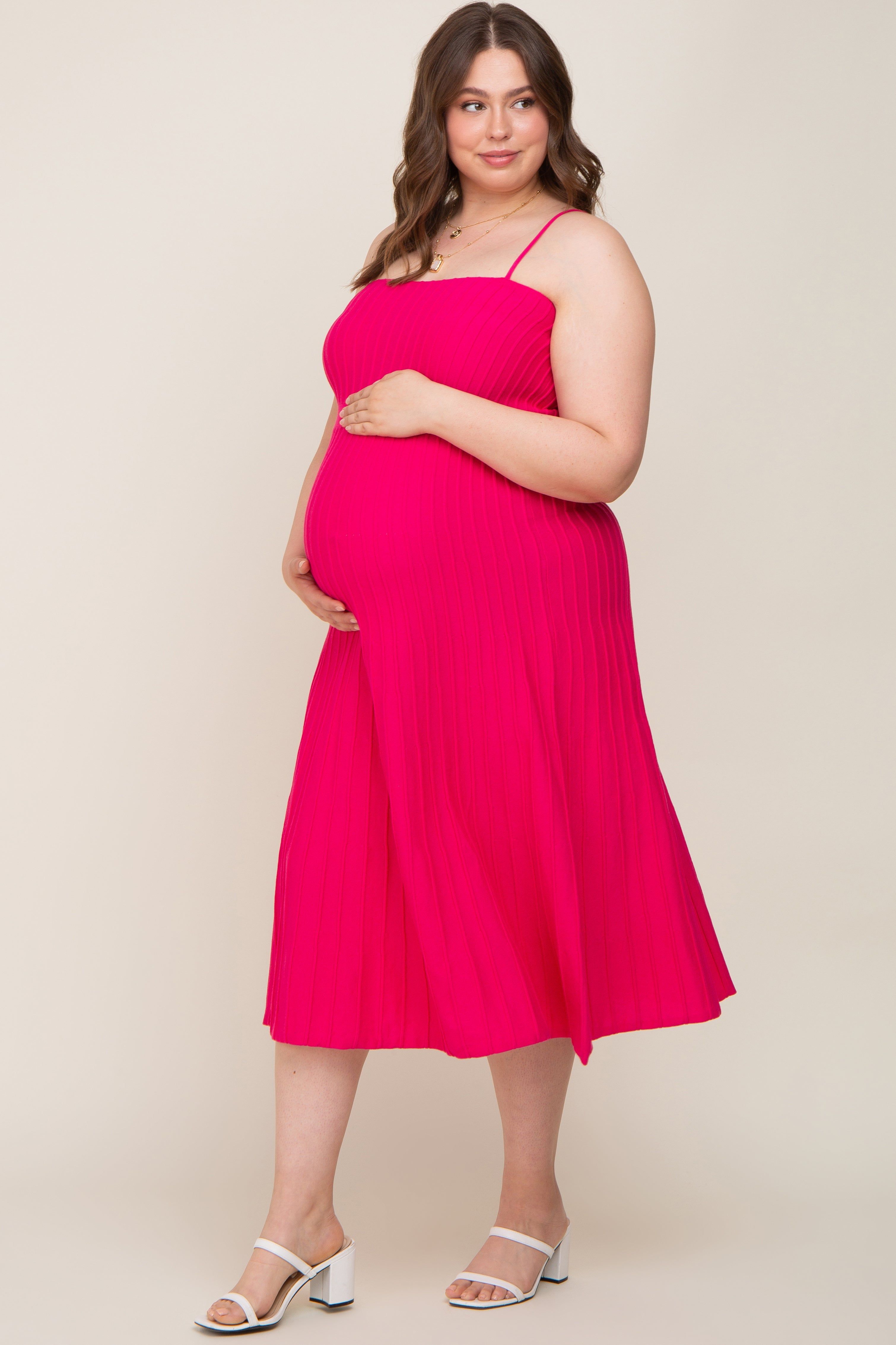 Fuchsia Rib Knit Sleeveless Maternity Plus Maxi Dress sold by Pinkblush product image thumbnail 2
