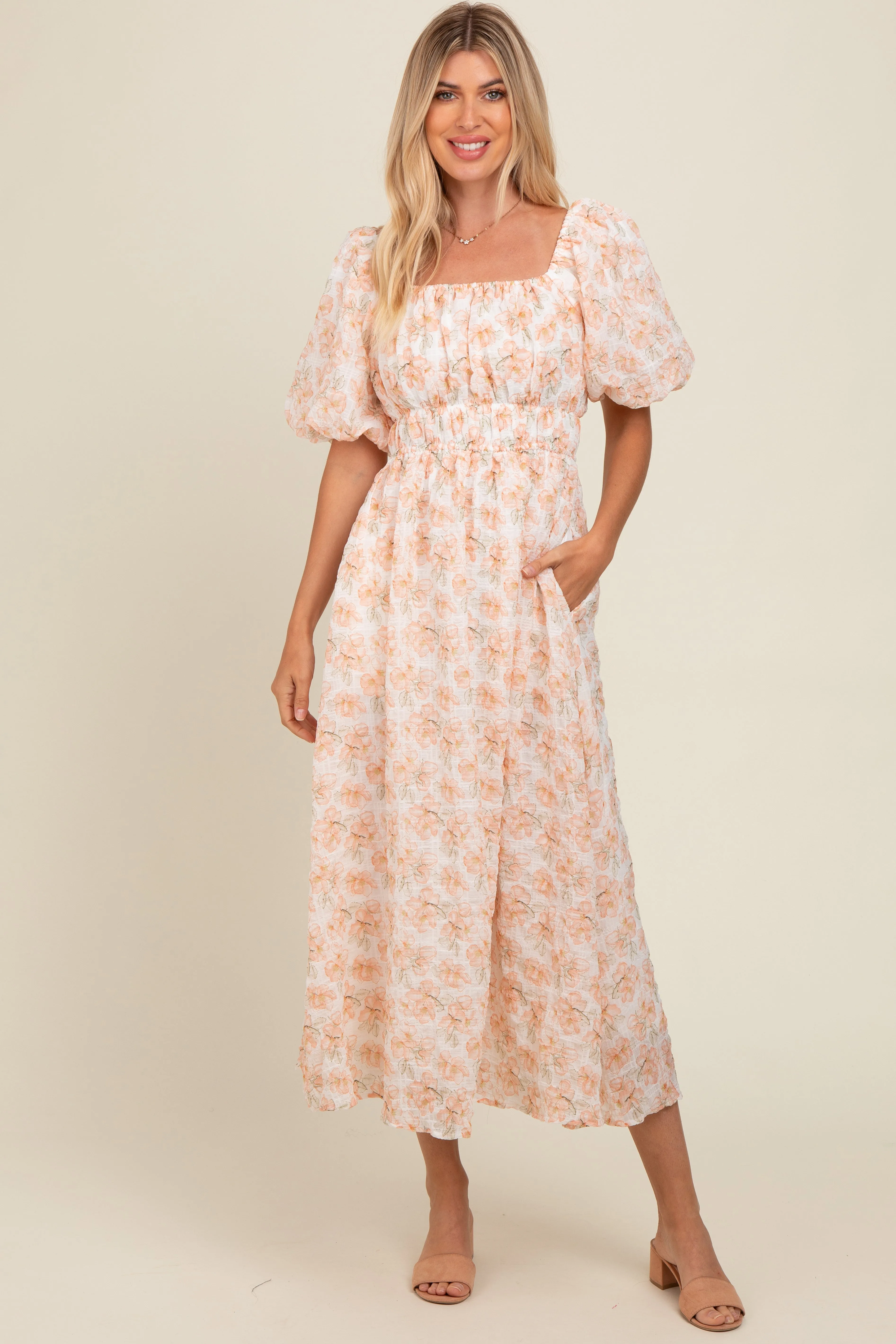 Peach Floral Puff Sleeve Midi Dress sold by Pinkblush
