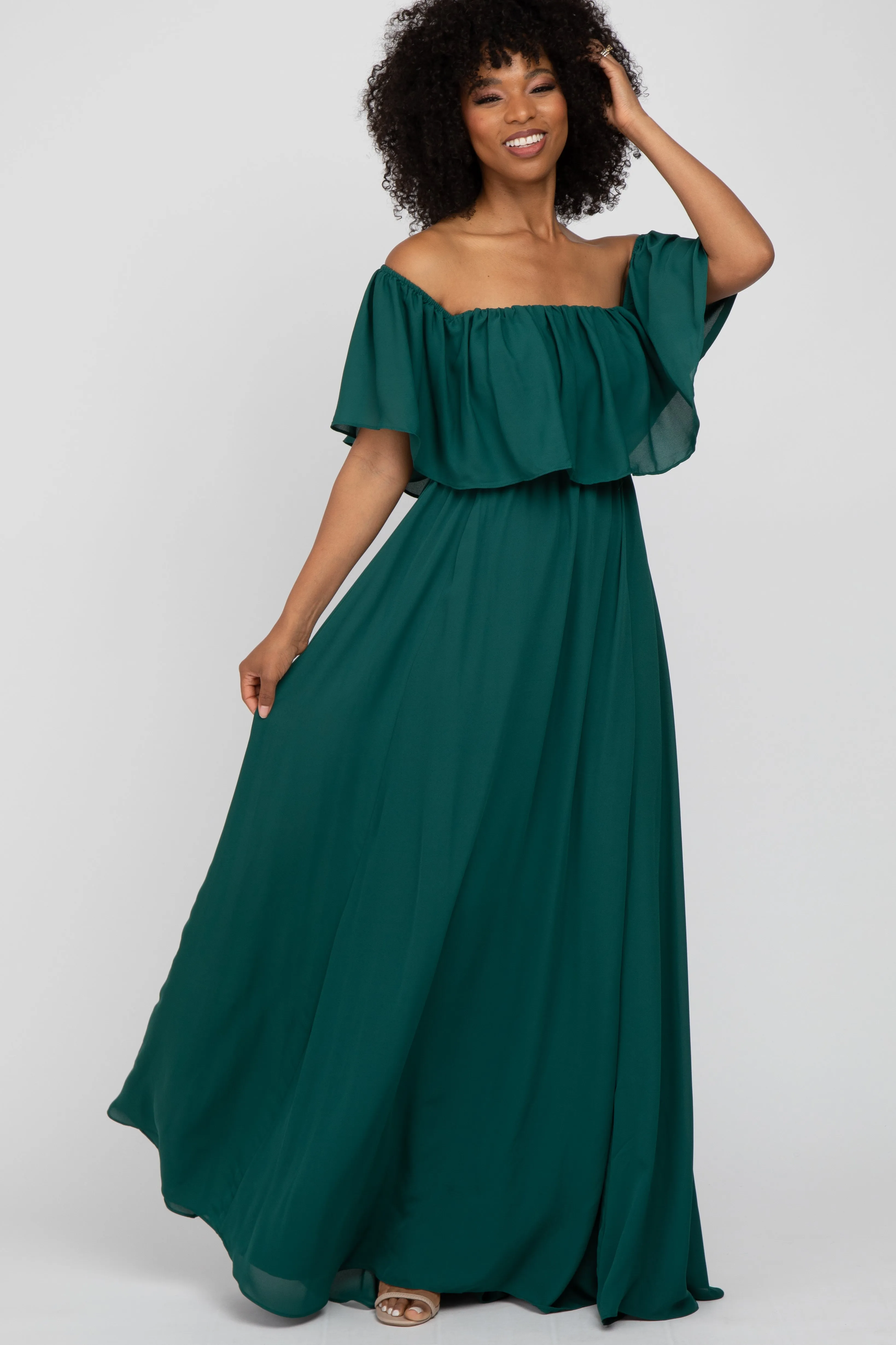 Forest Green Chiffon Off Shoulder Gown sold by Pinkblush