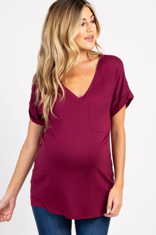 Burgundy Solid Pocket Maternity Top sold by Pinkblush