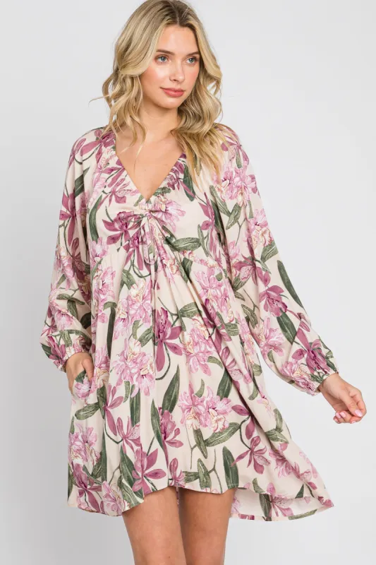 Cream Floral Cinched Front Long Sleeve Dress sold by Pinkblush