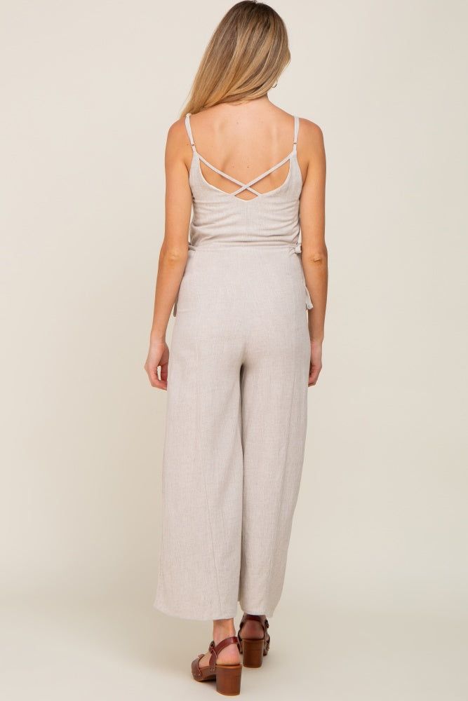 Beige Linen Criss Cross Back Side Tie Wide Leg Maternity Jumpsuit sold by Pinkblush product image thumbnail 3