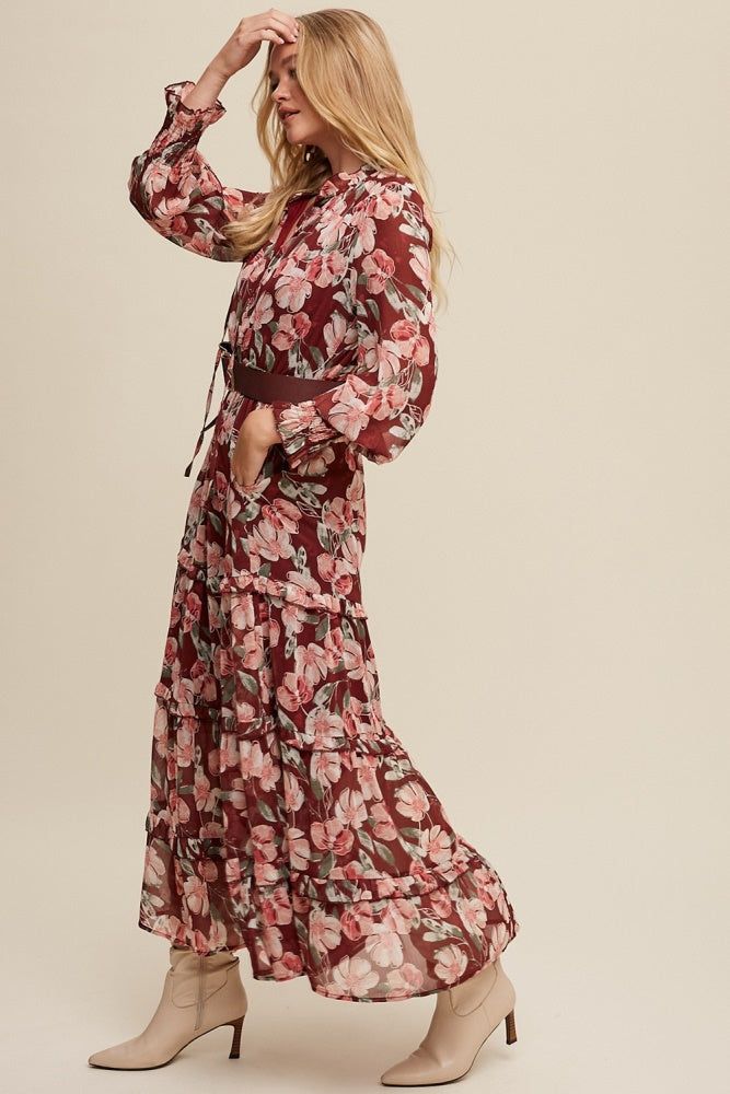 Magenta Floral Print V-Neck Ruffled Tiered Maxi Dress sold by Pinkblush product image thumbnail 3