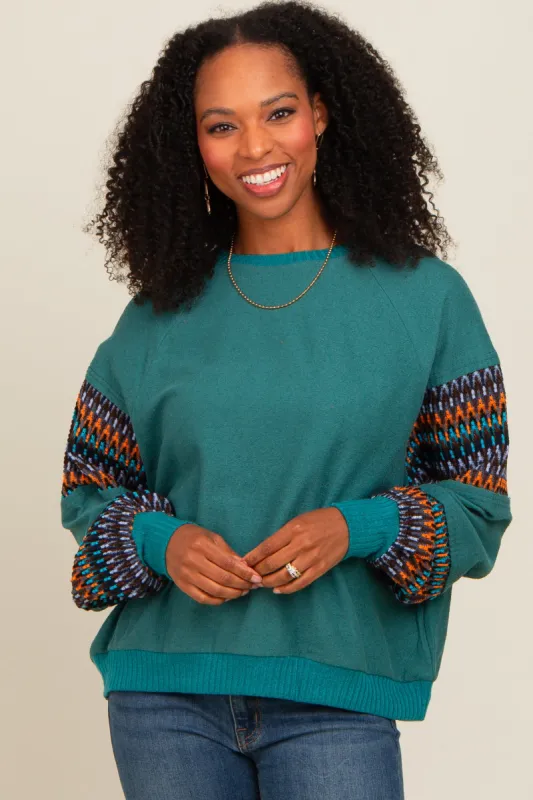 Teal Knit Contrast Sleeve Pullover sold by Pinkblush