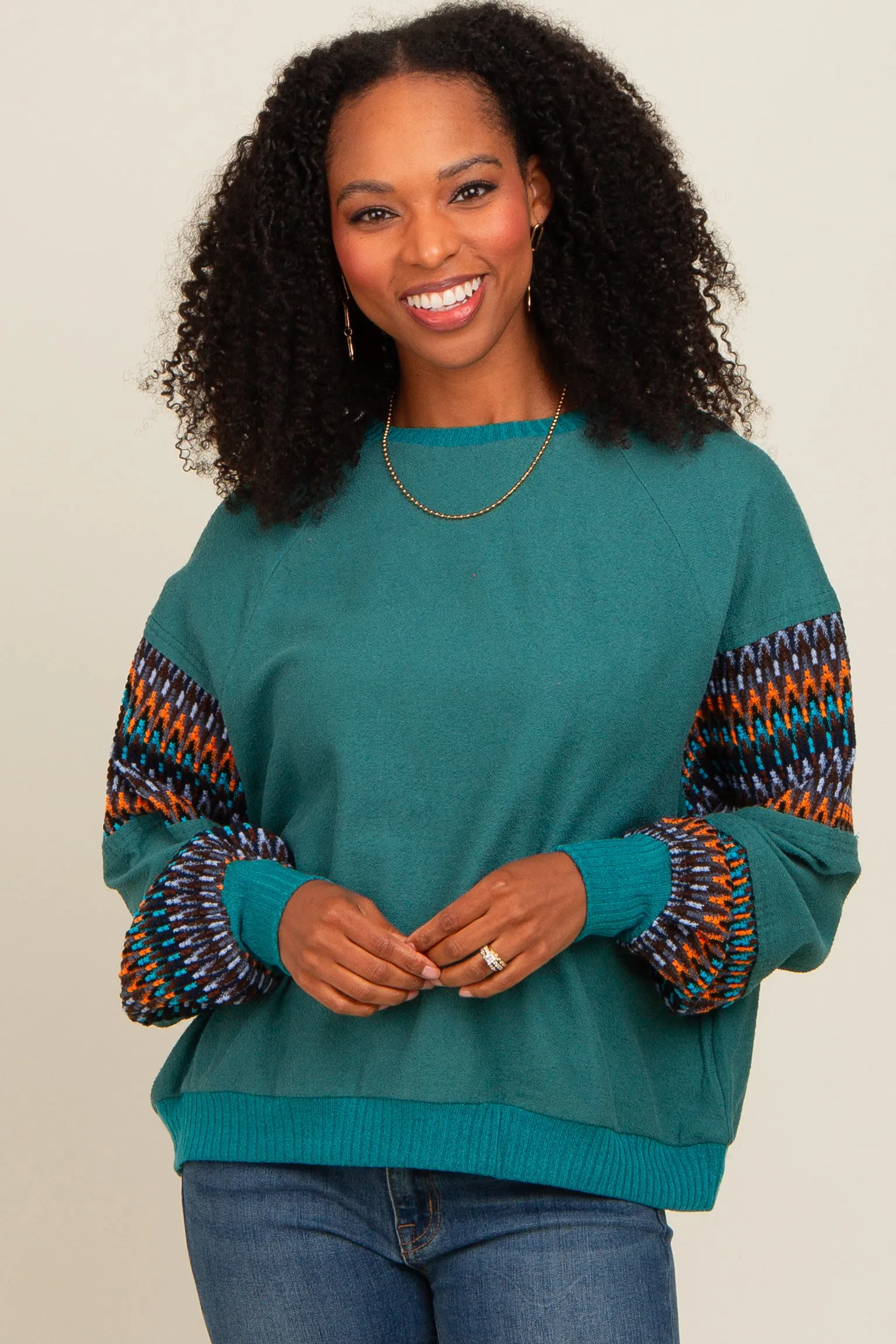 Teal Knit Contrast Sleeve Pullover sold by Pinkblush