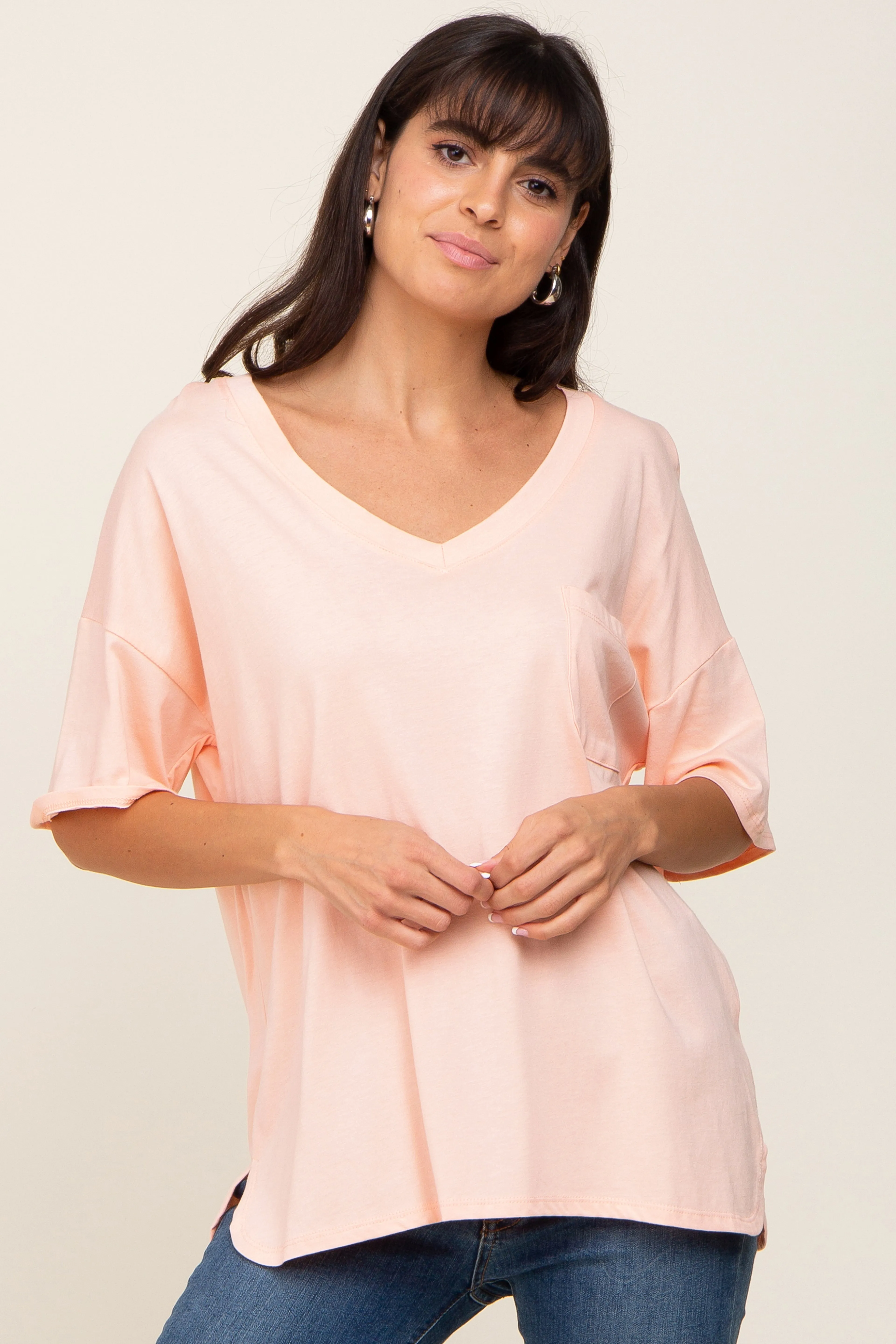 Peach Pocketed V-Neck Top sold by Pinkblush