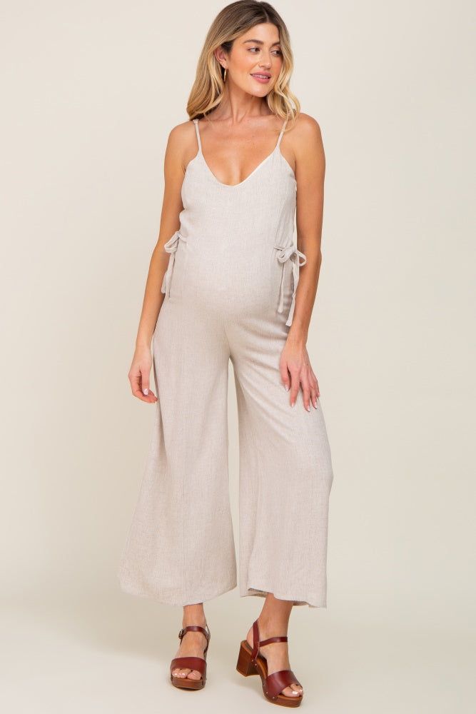 Beige Linen Criss Cross Back Side Tie Wide Leg Maternity Jumpsuit sold by Pinkblush product image thumbnail 4