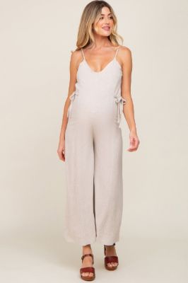 Beige Linen Criss Cross Back Side Tie Wide Leg Maternity Jumpsuit sold by Pinkblush