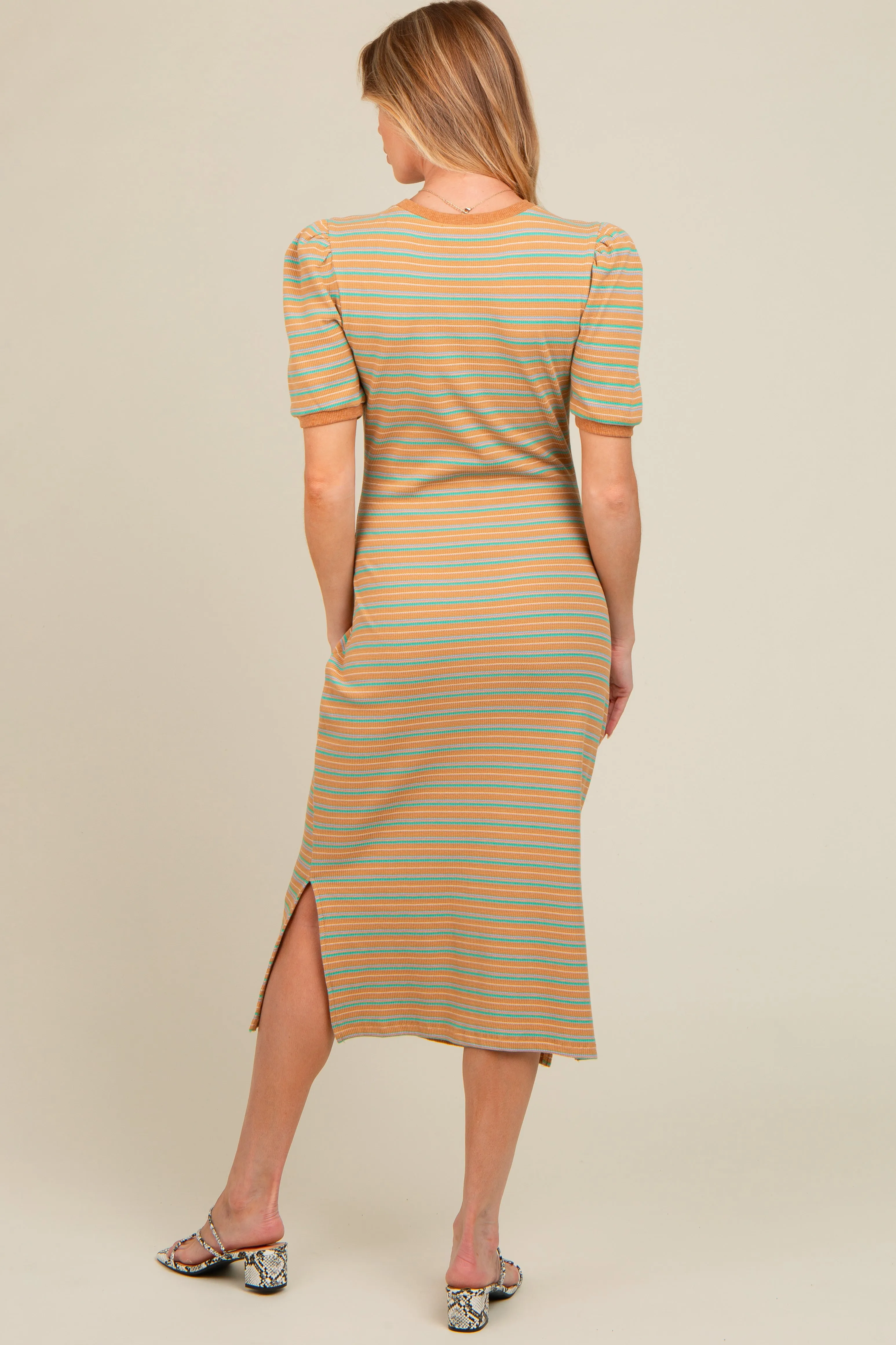 Beige Multi Striped Puff Sleeve Maternity Midi Dress sold by Pinkblush product image thumbnail 4