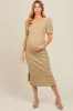 Beige Multi Striped Puff Sleeve Maternity Midi Dress sold by Pinkblush