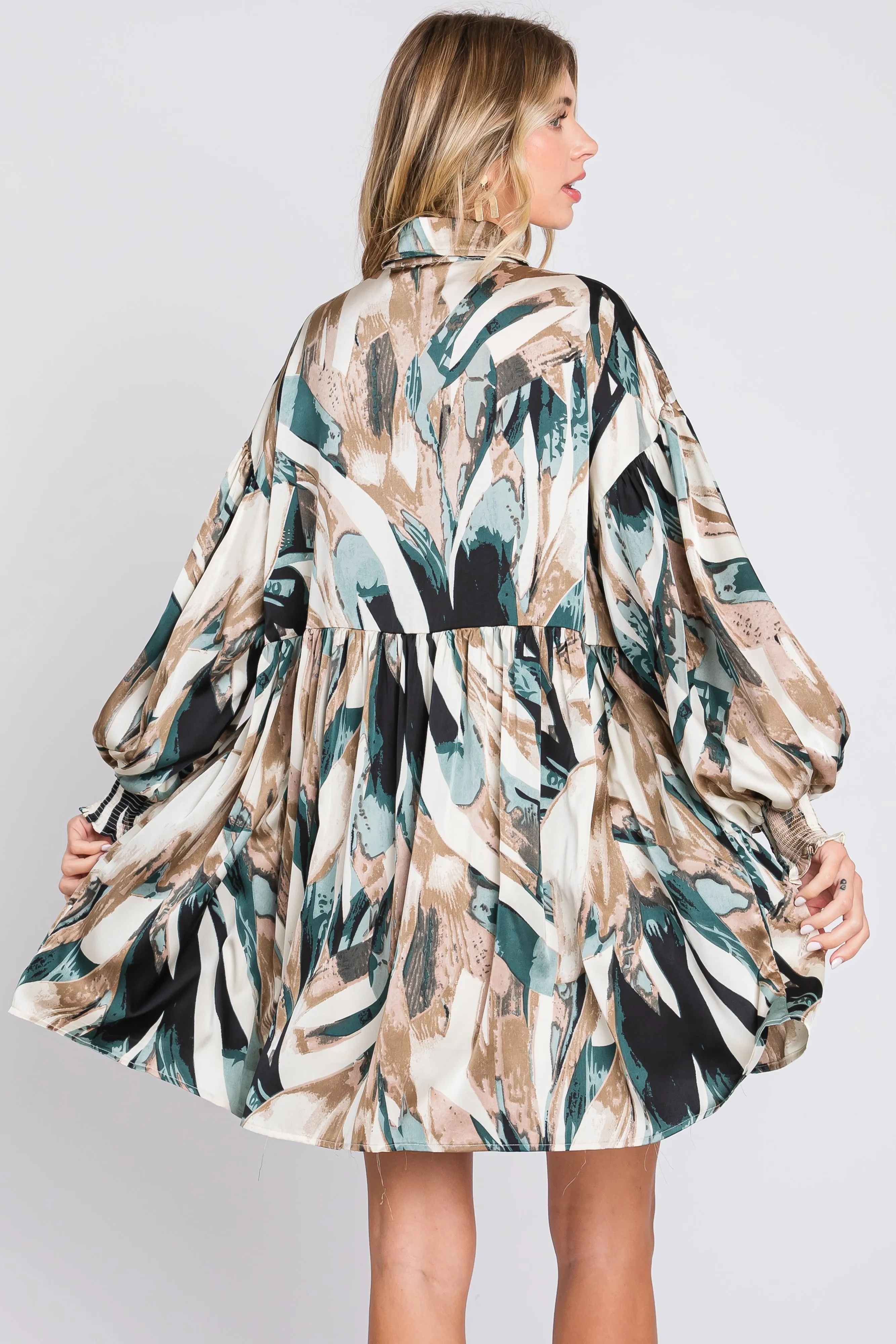 Forest Green Print Button Down Puff Sleeve Dress sold by Pinkblush product image thumbnail 4