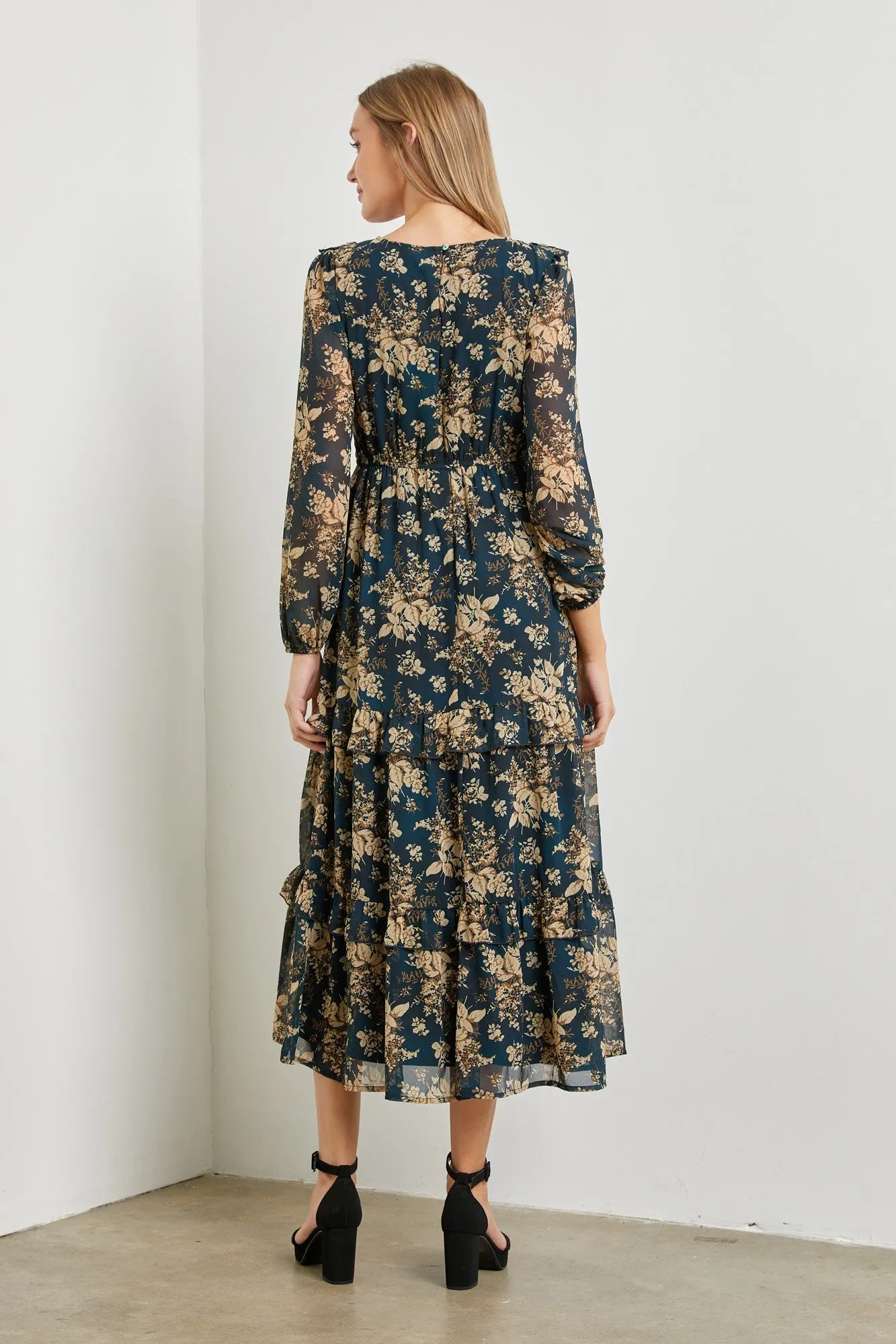 Teal Floral Chiffon Smocked Front Ruffle Tiered Midi Dress sold by Pinkblush product image thumbnail 3