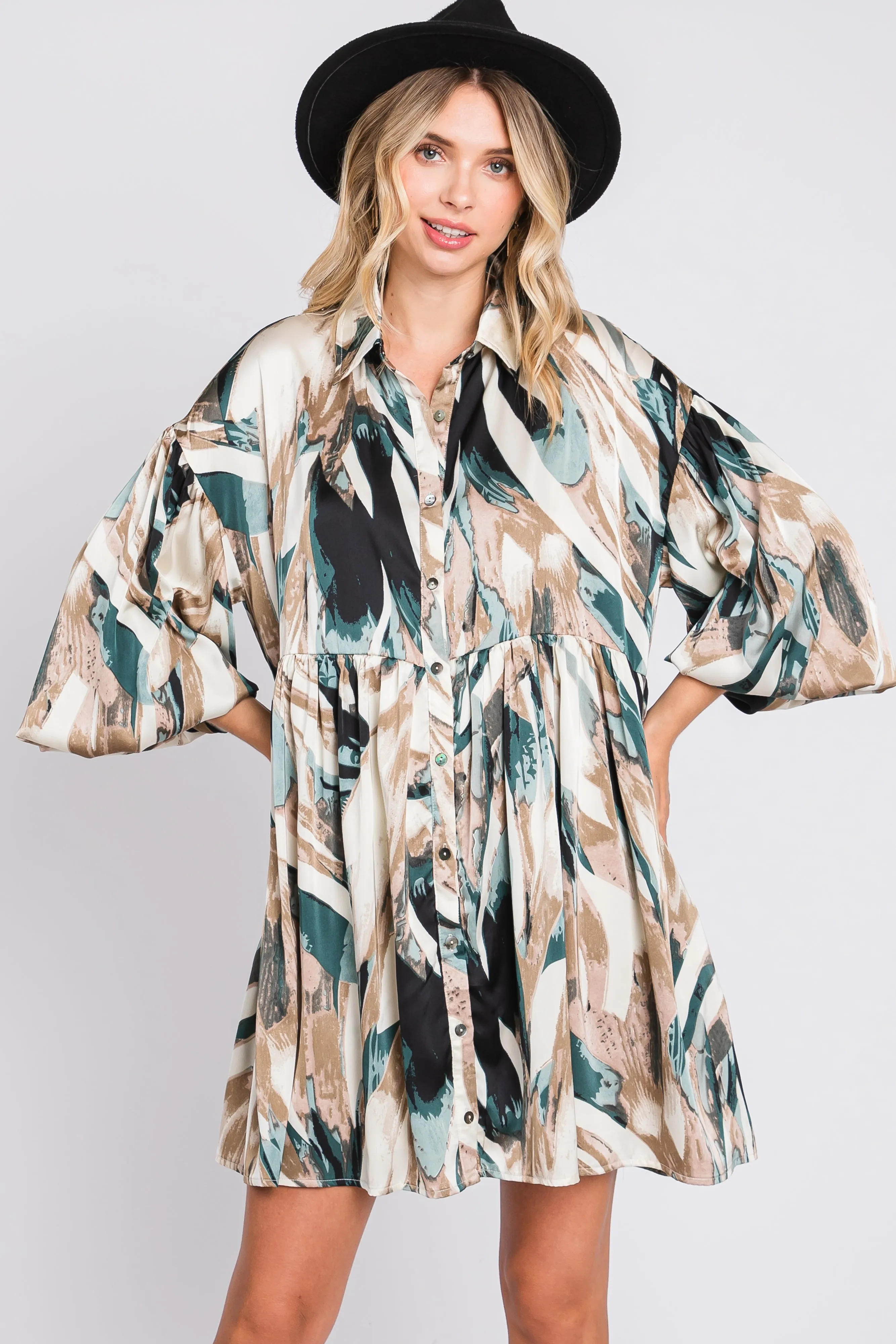 Forest Green Print Button Down Puff Sleeve Dress sold by Pinkblush
