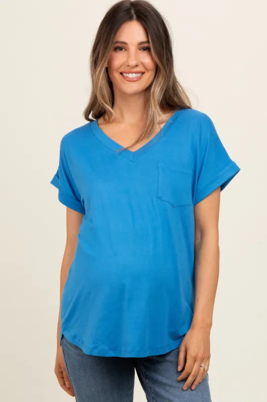 Royal Blue V-Neck Pocket Short Sleeve Maternity Shirt sold by Pinkblush