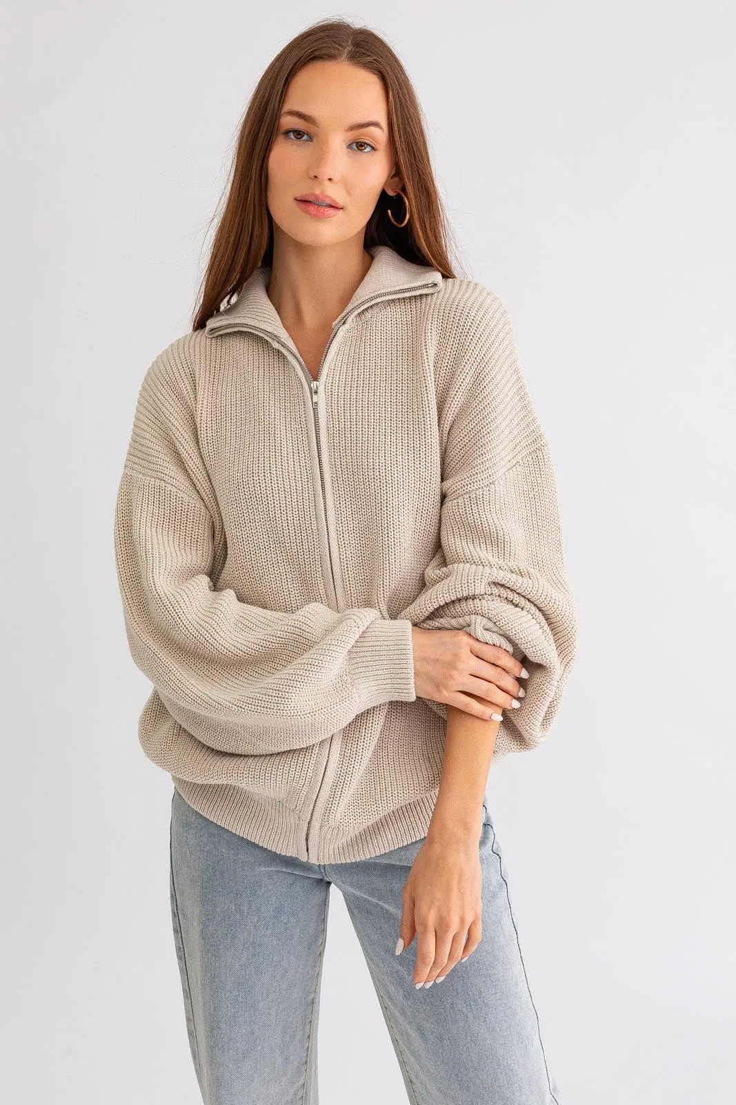 Taupe Oversized Zip Up Cardigan sold by Pinkblush