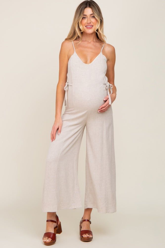 Beige Linen Criss Cross Back Side Tie Wide Leg Maternity Jumpsuit sold by Pinkblush product image thumbnail 5