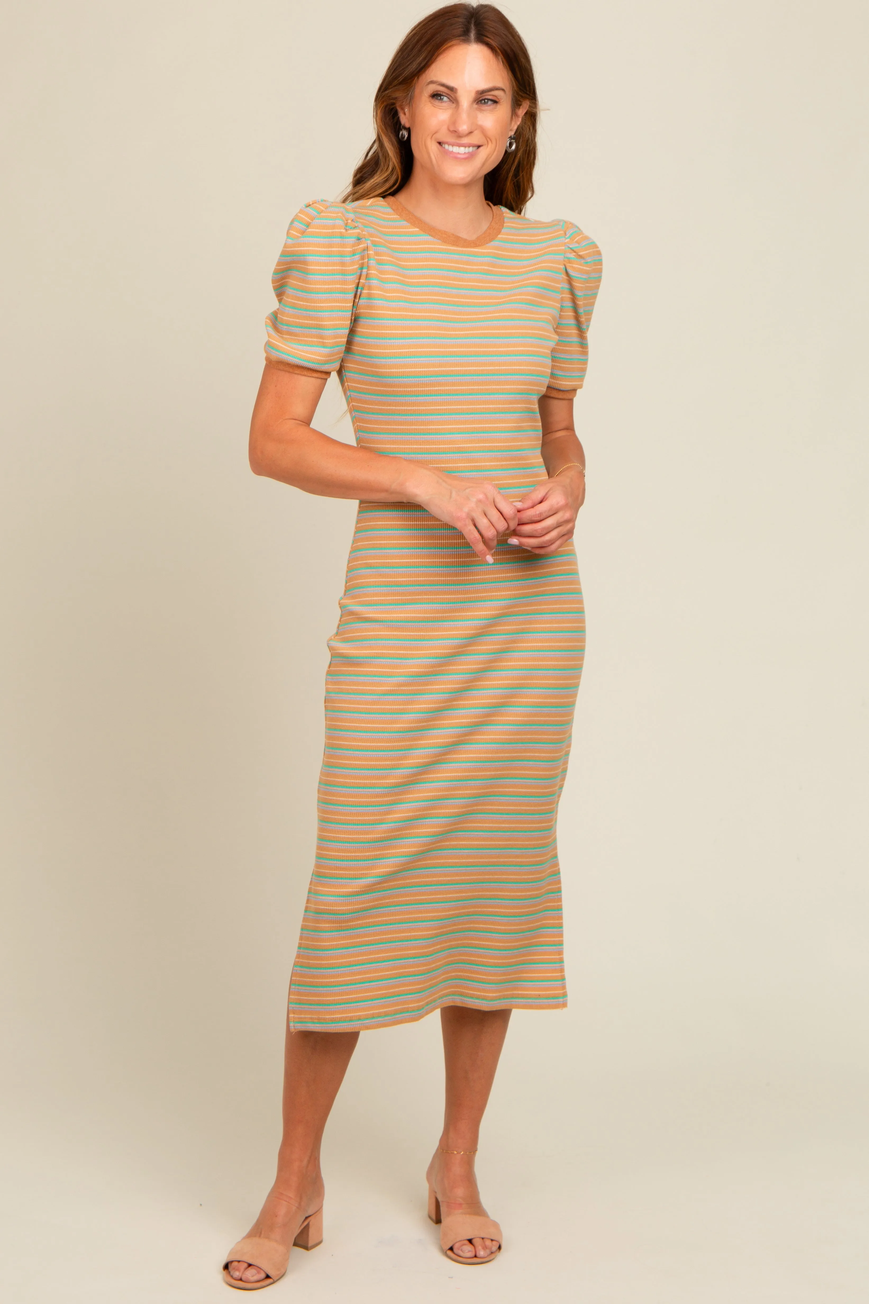 Beige Multi Striped Puff Sleeve Maternity Midi Dress sold by Pinkblush product image thumbnail 5
