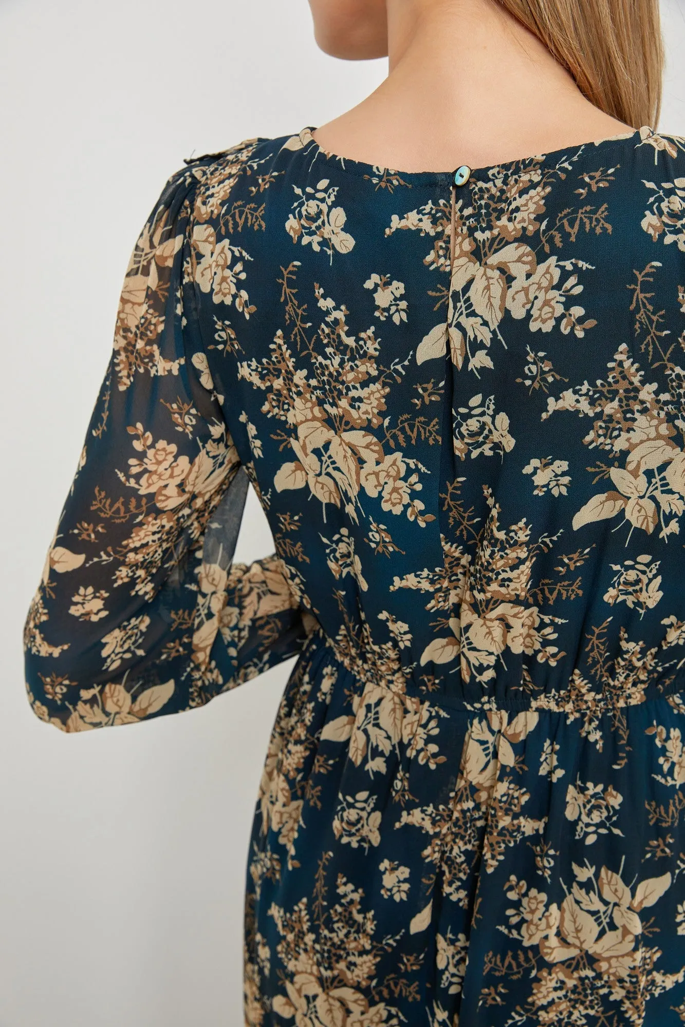 Teal Floral Chiffon Smocked Front Ruffle Tiered Midi Dress sold by Pinkblush product image thumbnail 4