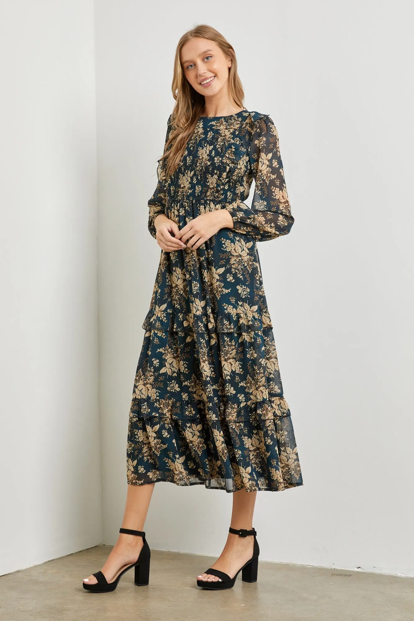 Teal Floral Chiffon Smocked Front Ruffle Tiered Midi Dress sold by Pinkblush